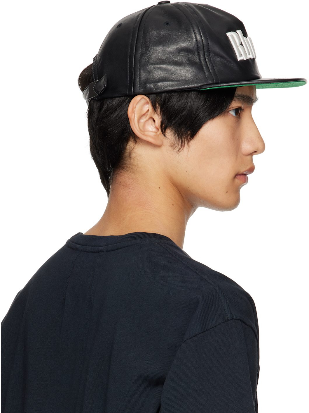 Black Logo Leather Cap - 3