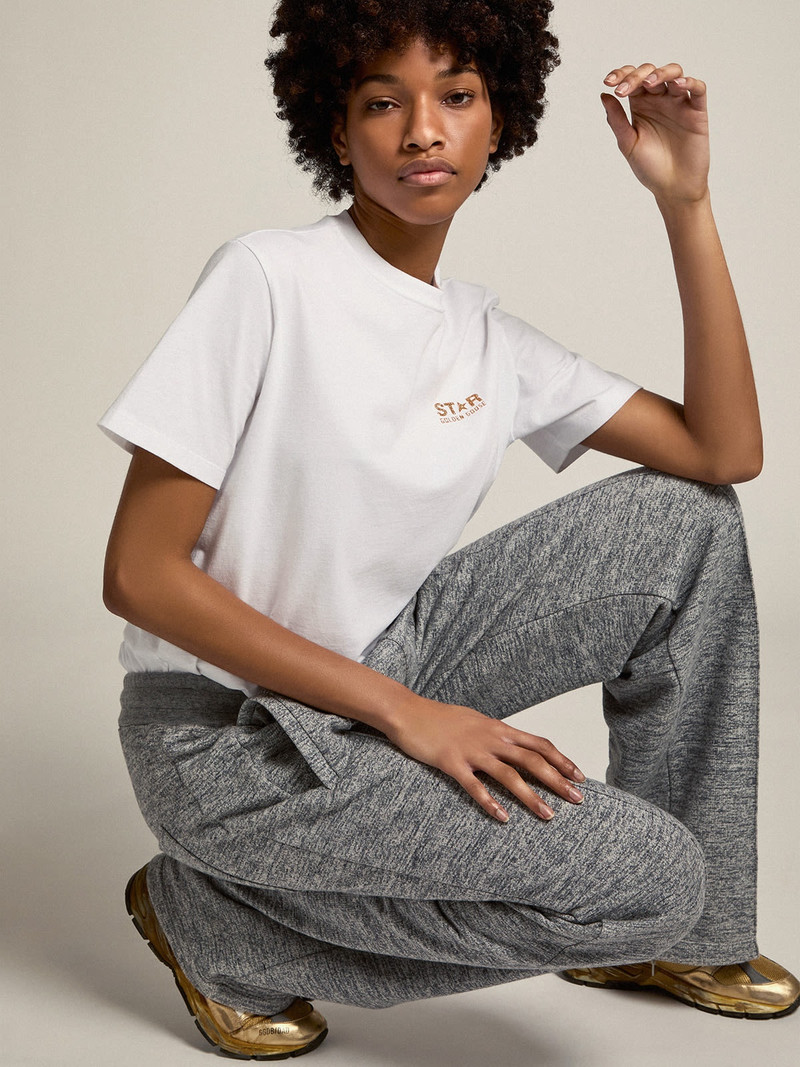 Golden Goose Women's white T-shirt with gold glitter logo and star outlook