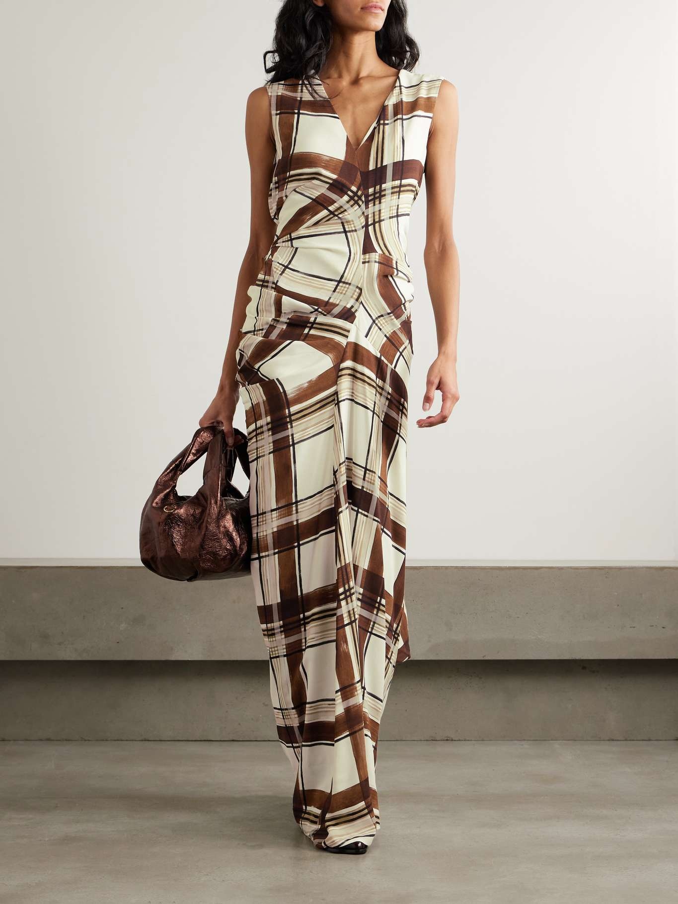Gathered checked crepe maxi dress - 2