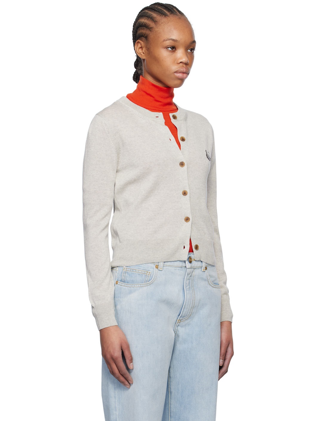 Gray Bold Fox Head Patch Regular Cardigan - 2