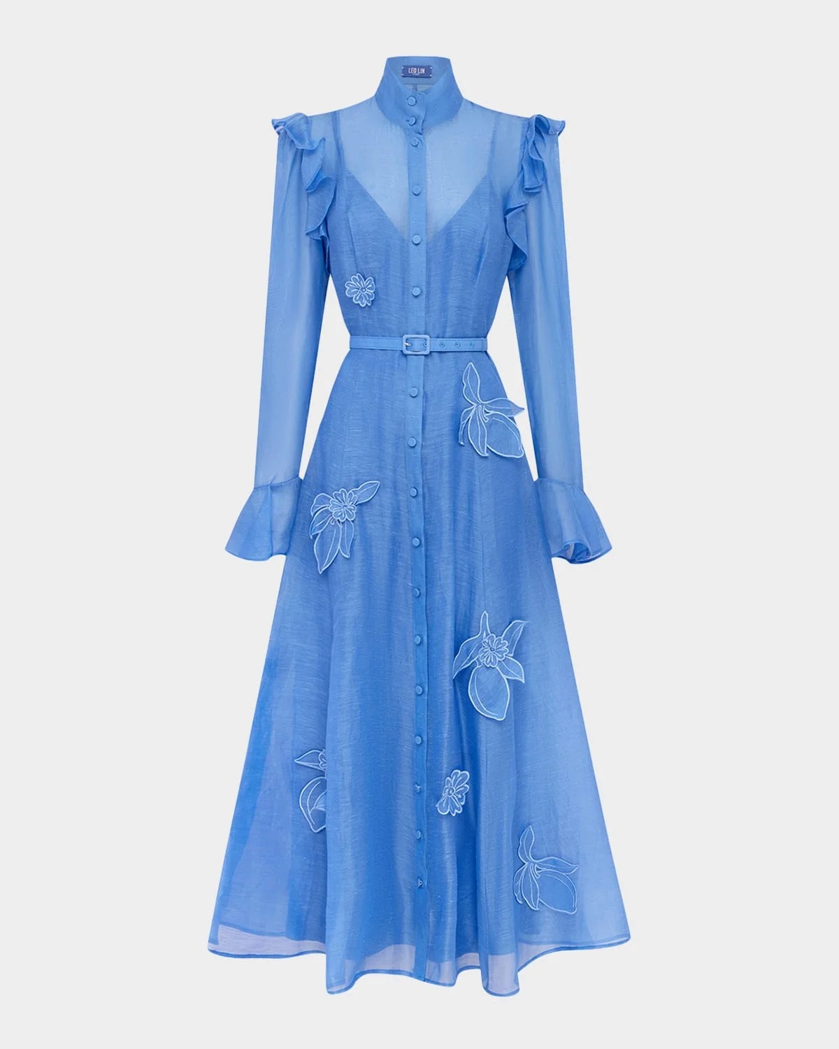 Katrina Applique Butterfly-Sleeve Belted Midi Dress - 1