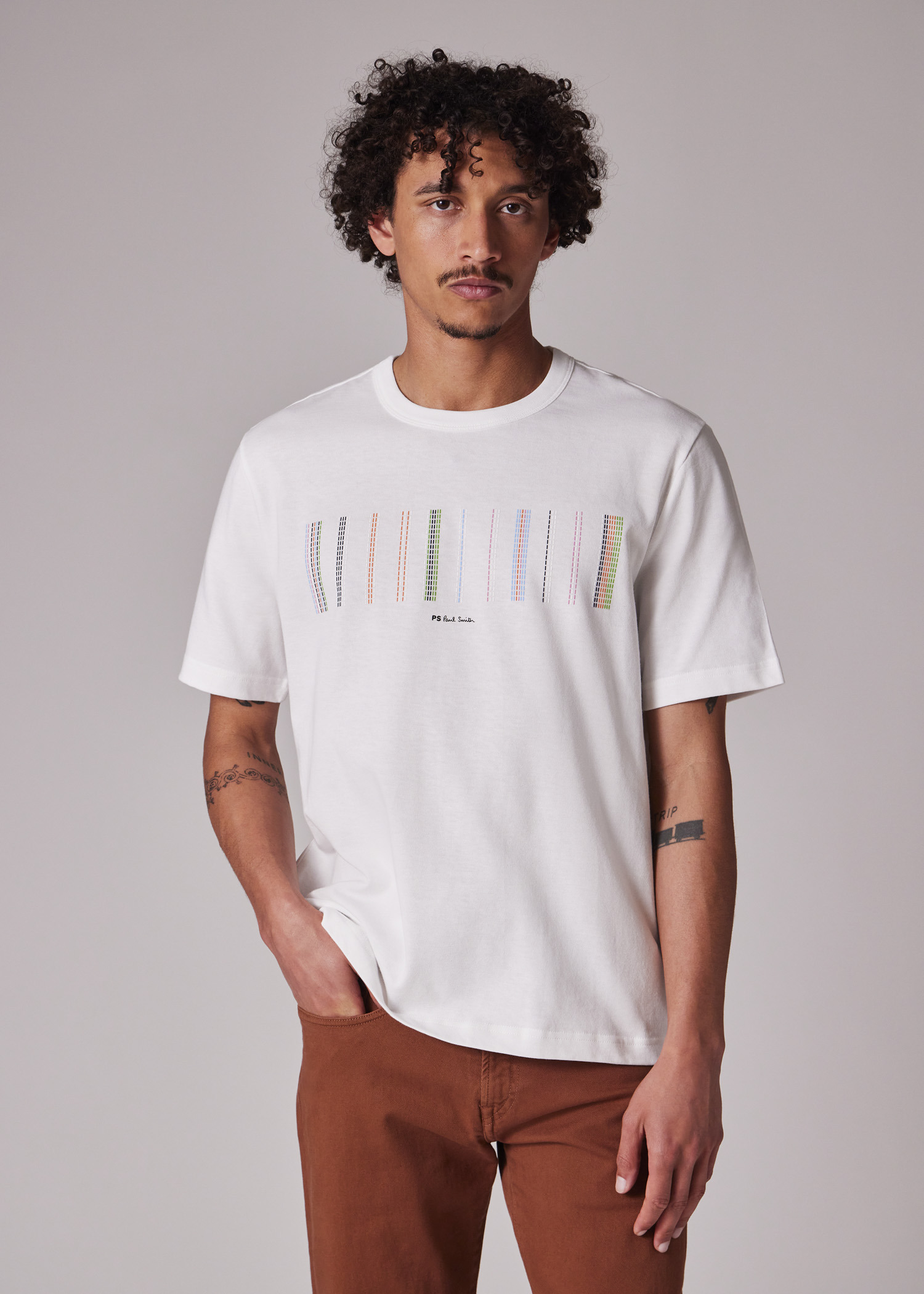 White 'Stitch Stripe' Print T-Shirt - 4