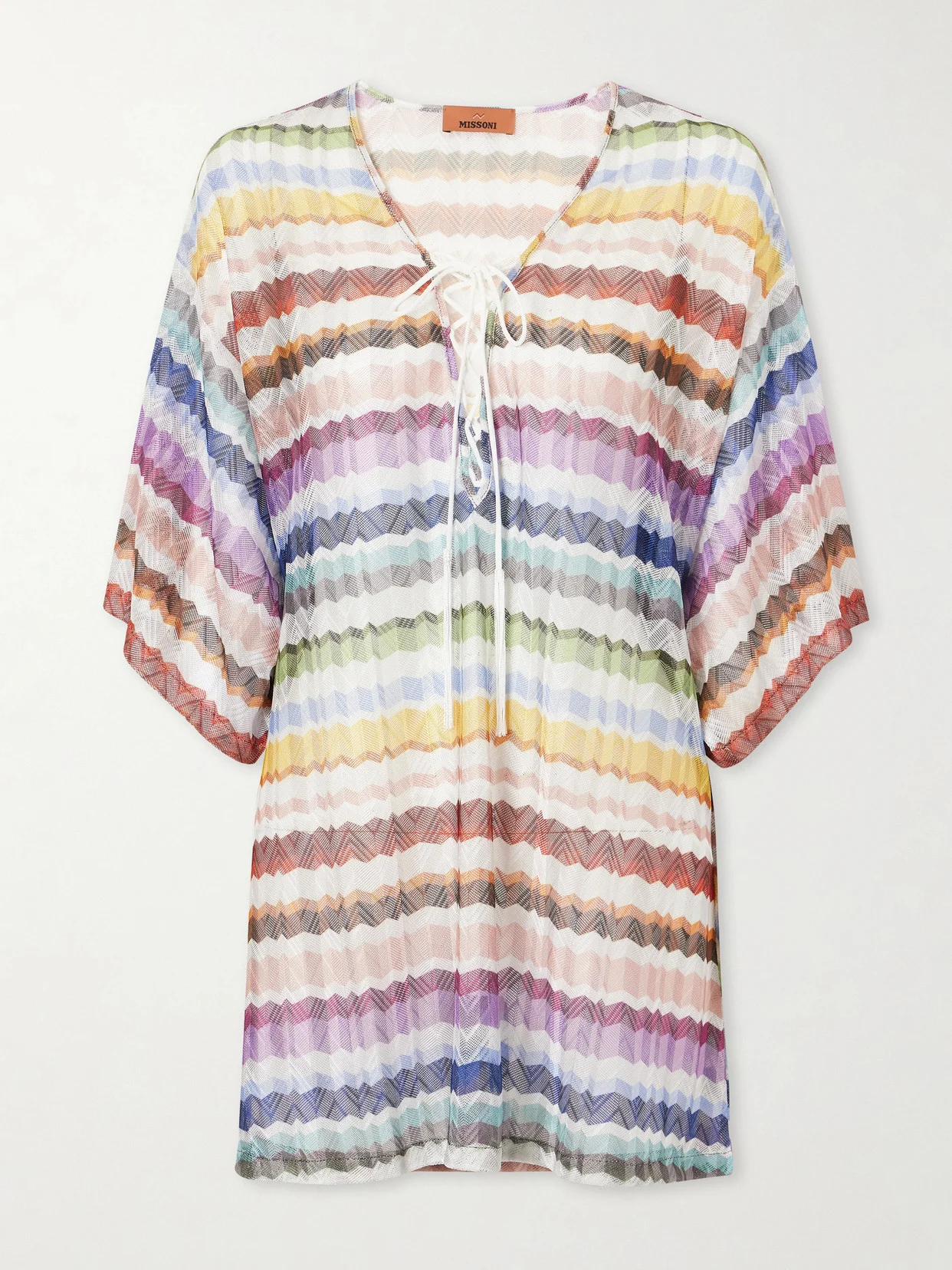 Lace-up Striped Metallic Crochet-knit Coverup - 1