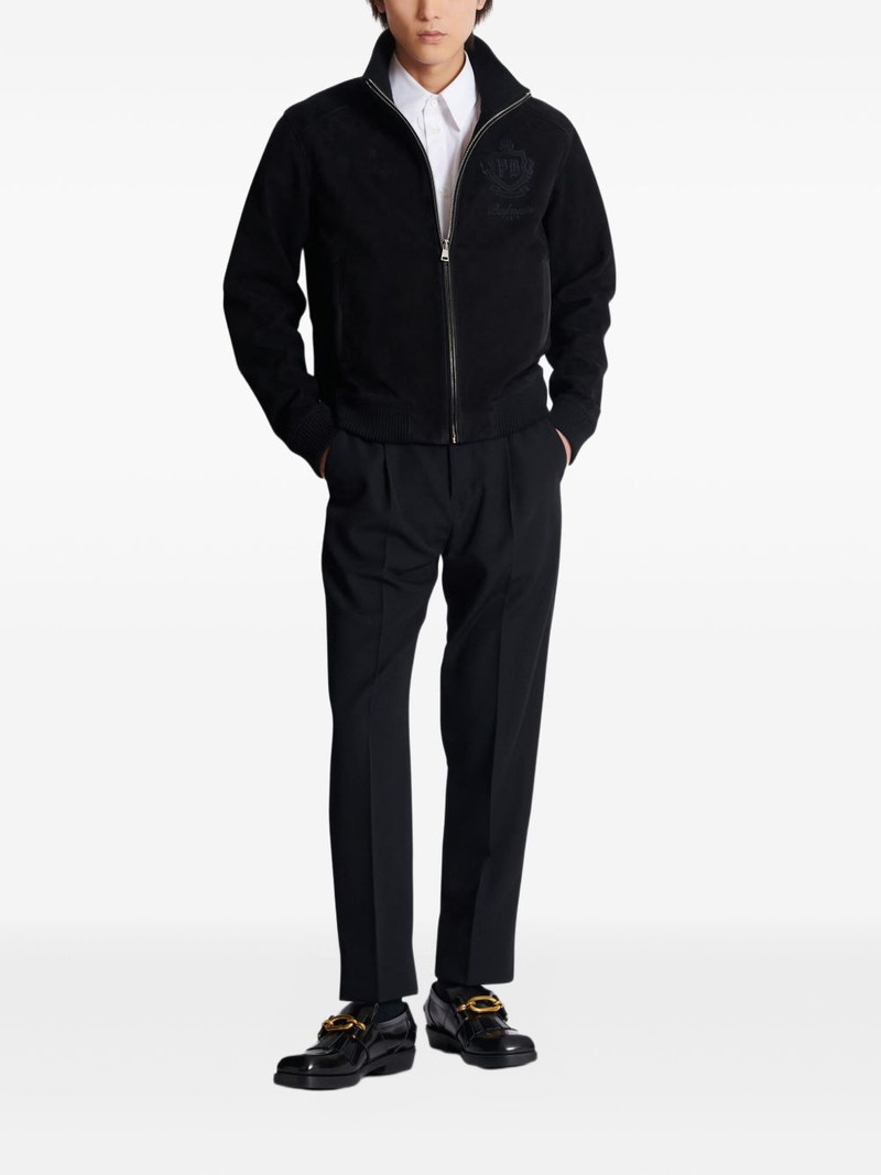 Balmain embroidered-emblem suede jacket outlook