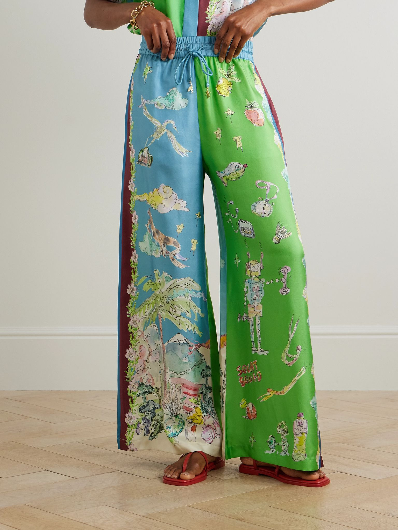 + Anouk Colantoni Daria embellished printed silk-twill wide-leg pants Green - 3