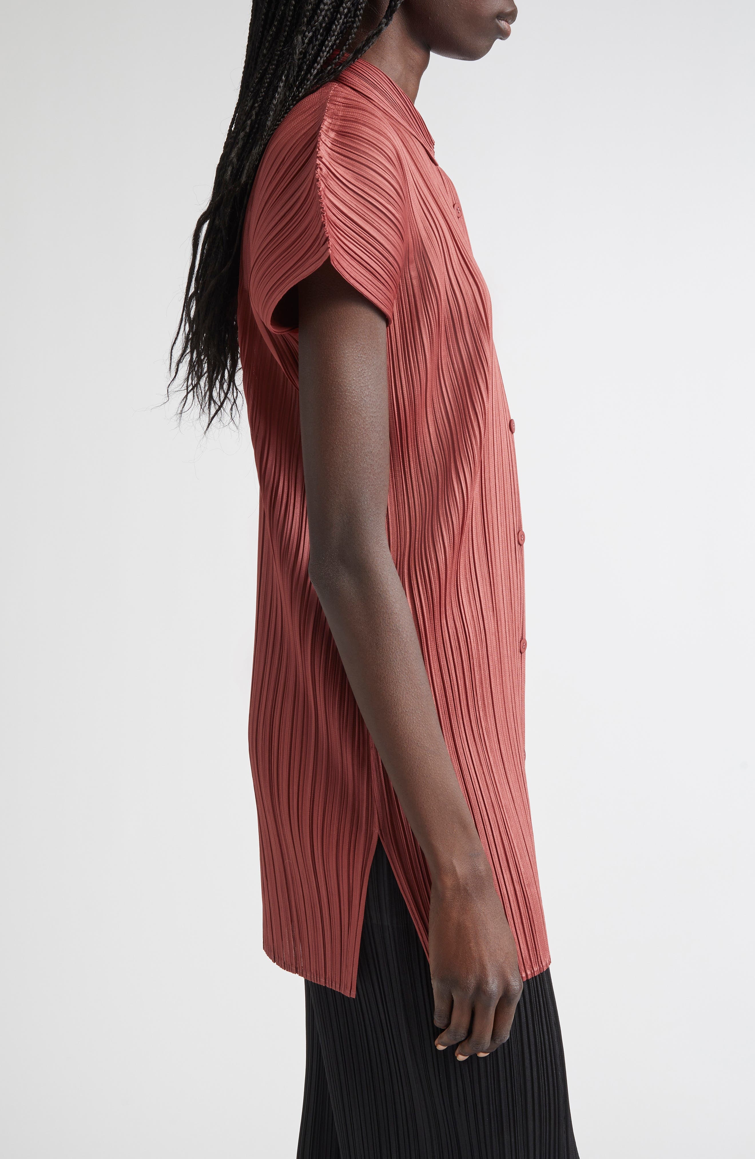 Pleats Please Issey Miyake Monthly Colors May Pleated Short Sleeve Shirtdress in Terracotta at Nords - 4