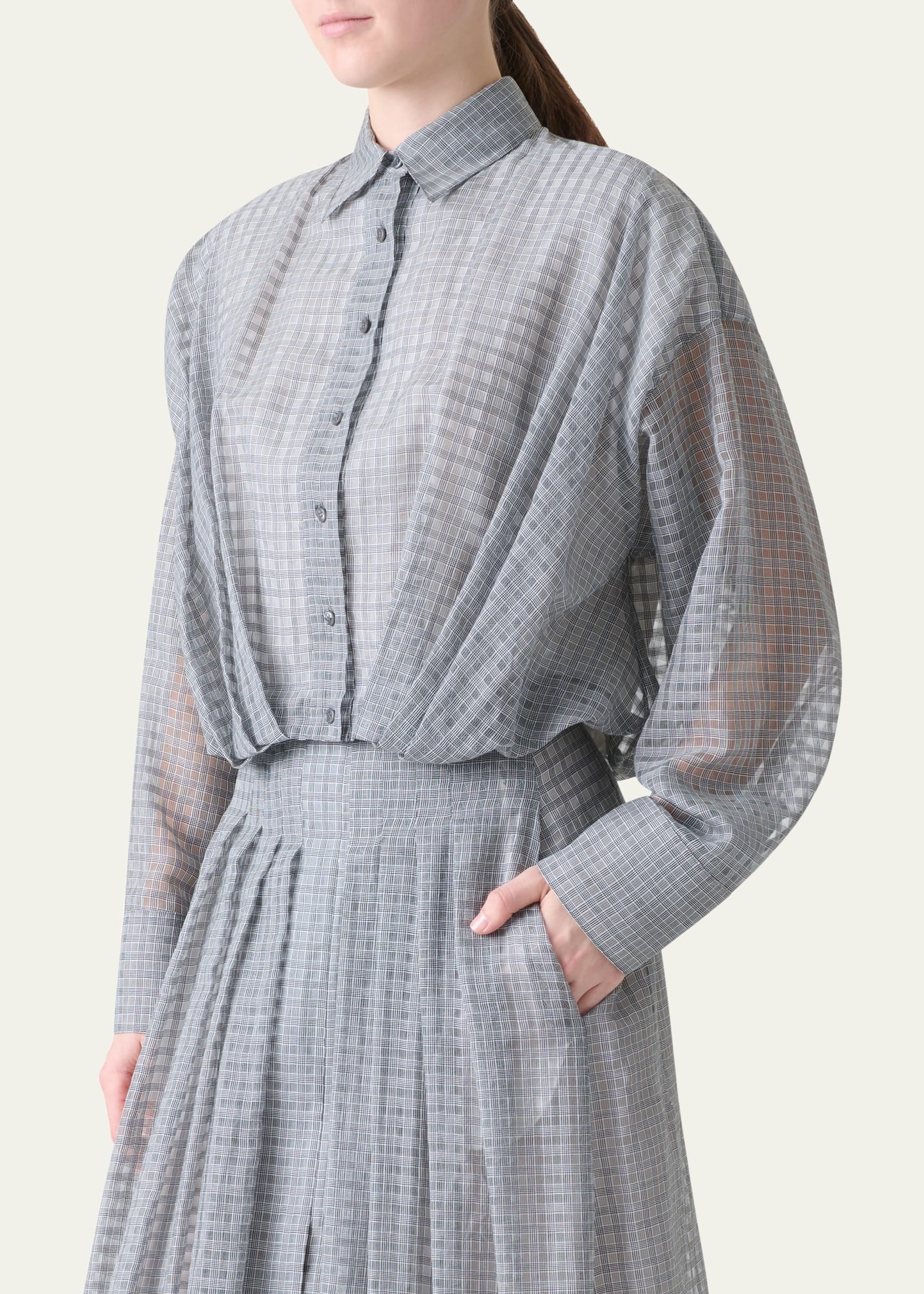 Plaid Cotton Voile Blouse with Pleated Waist - 4