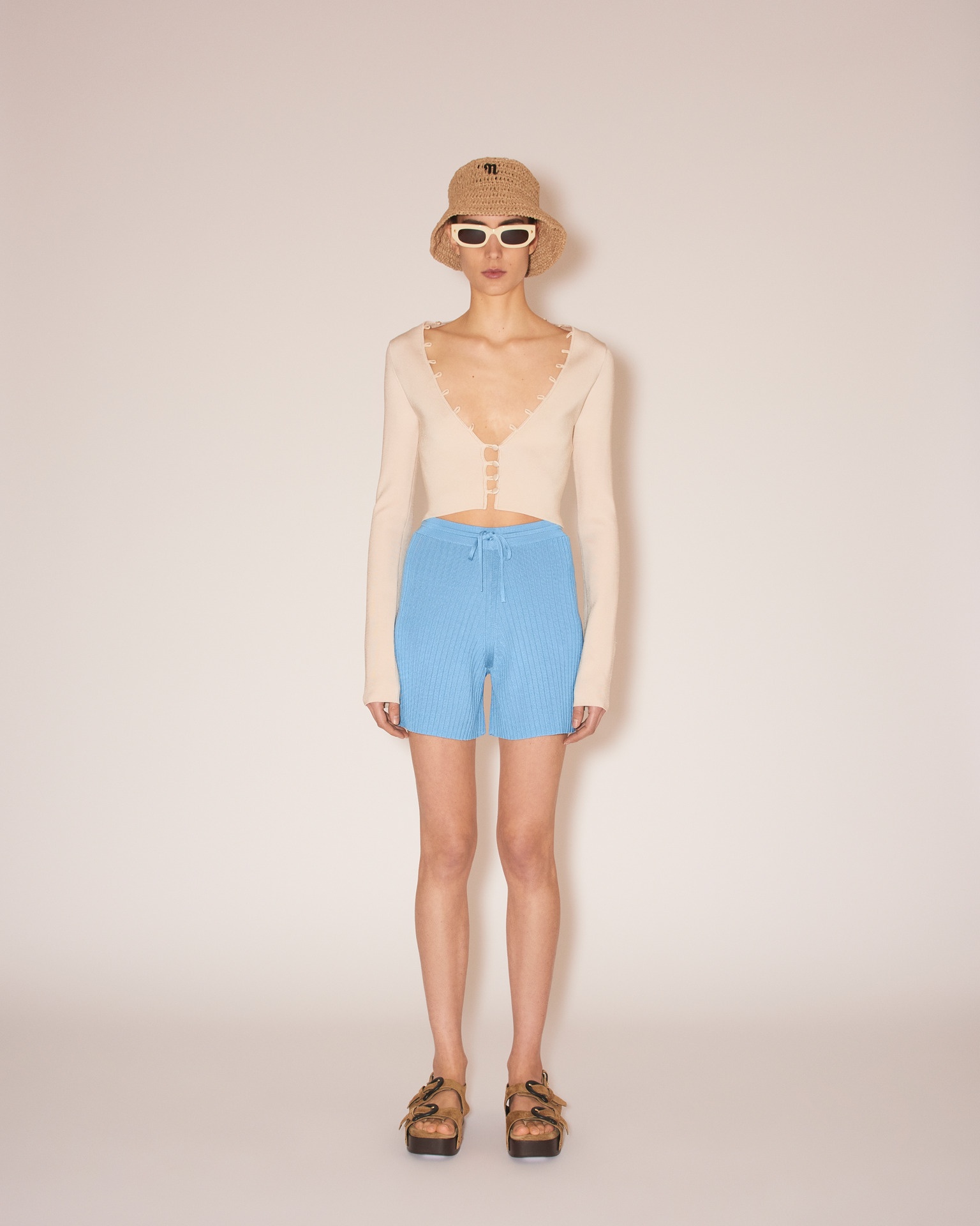 MALENA - Shiny viscose rib shorts - Bright blue - 3