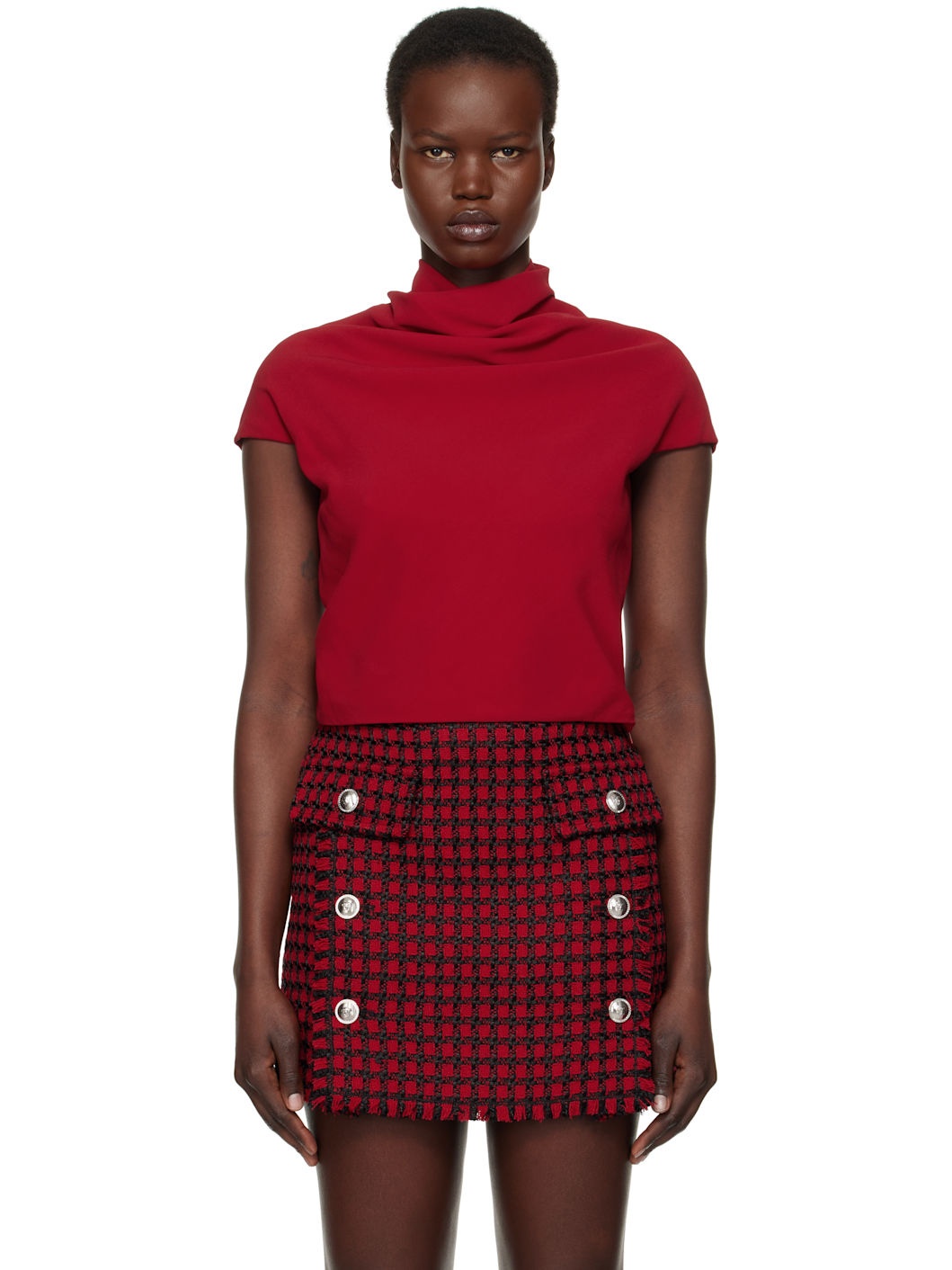 Red Cady Draped-Neck Top - 1