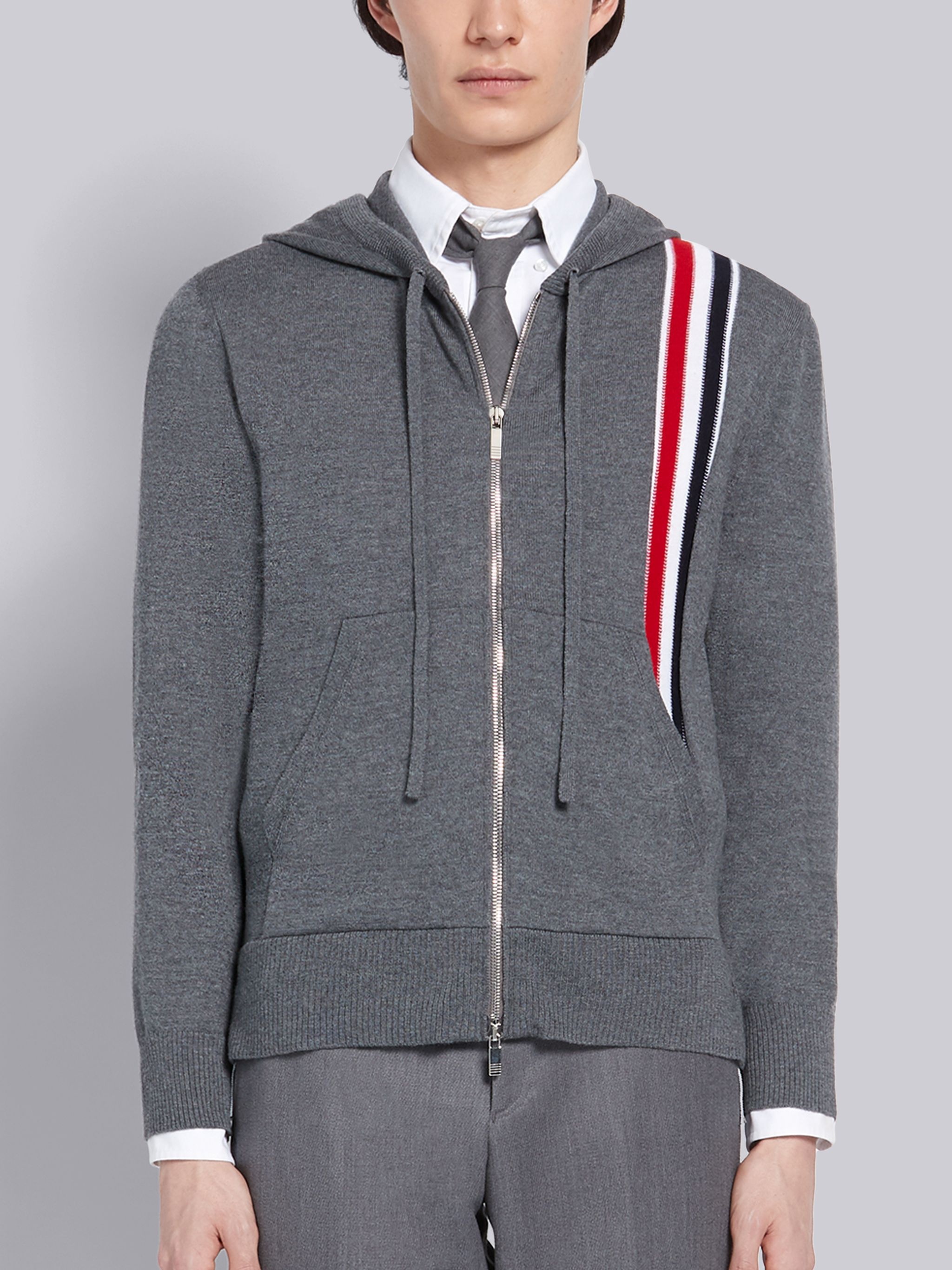 Medium Grey Merino Wool Jersey Tricolor Intarsia Stripe Zip-up Hoodie - 1