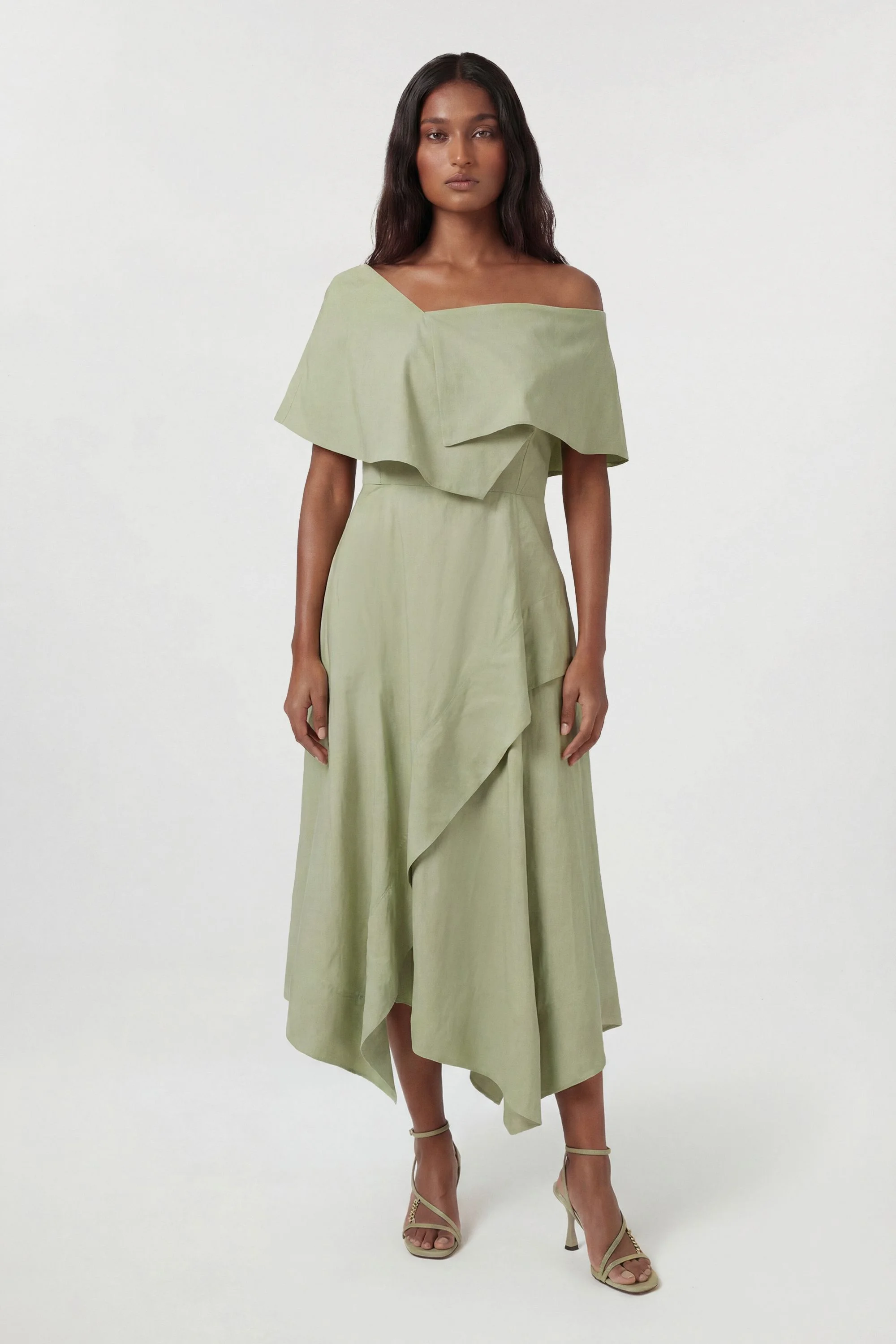 karen millen asymmetric dress KAREN MILLEN Premium Viscose Linen Tailored Asymmetric Neck Full Skirted  Midi Dress - BKK28626-209