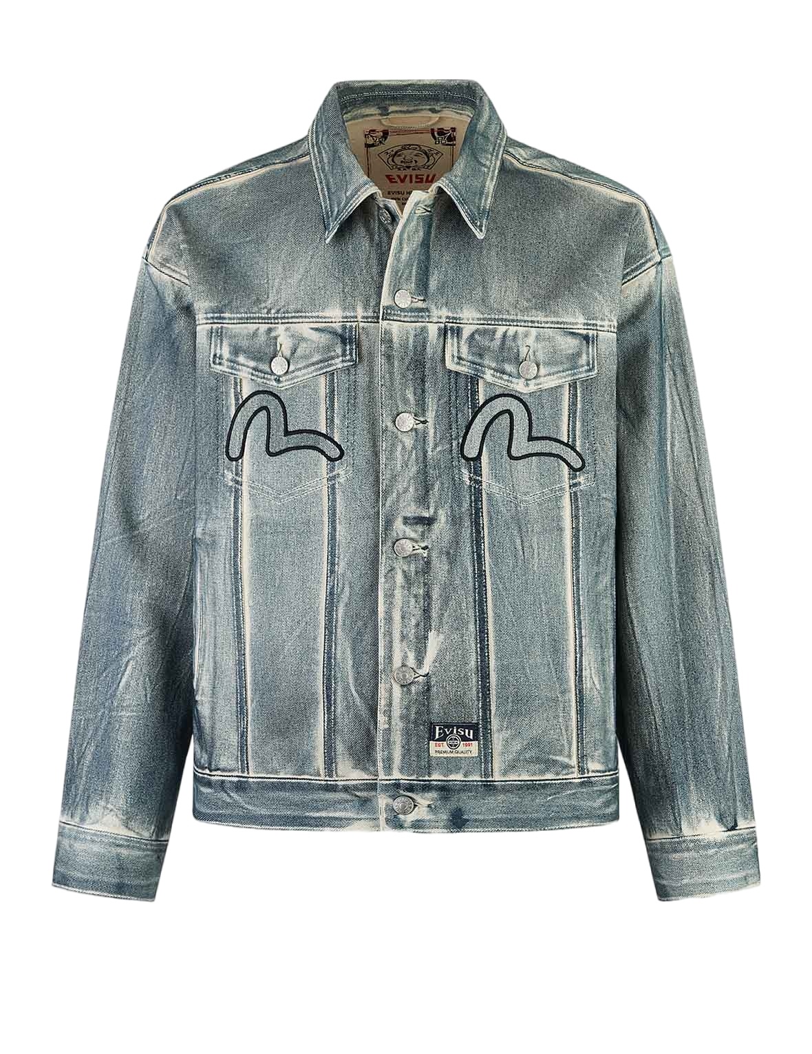 KAMON AND SEAGULL APPLIQUÉ WITH RUBBING PRINT FASHION FIT DENIM JACKET - 20