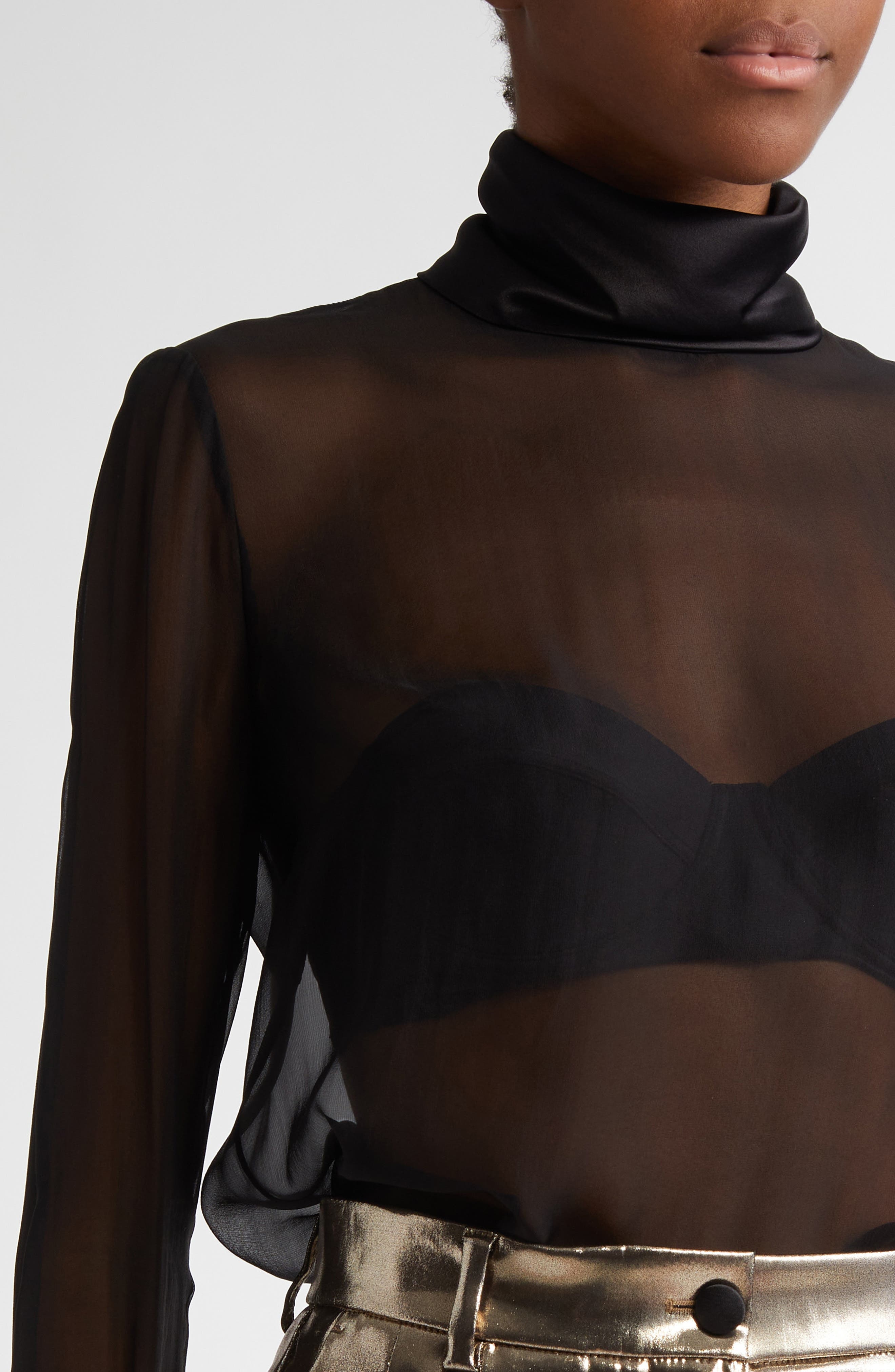 Dolce&Gabbana Sheer Mock Neck Long Sleeve Silk Top in N0000 Nero at Nordstrom - 5