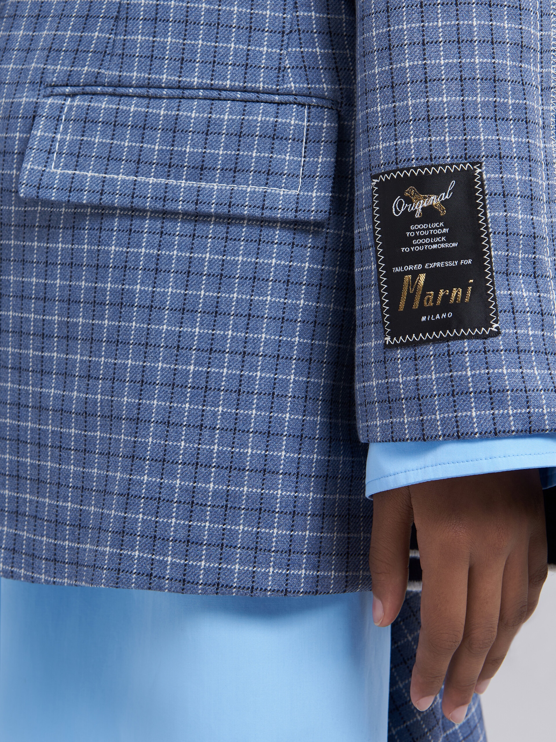 CHECK WOOL TWILL BLAZER JACKET WITH KNIT INSERTS - 5