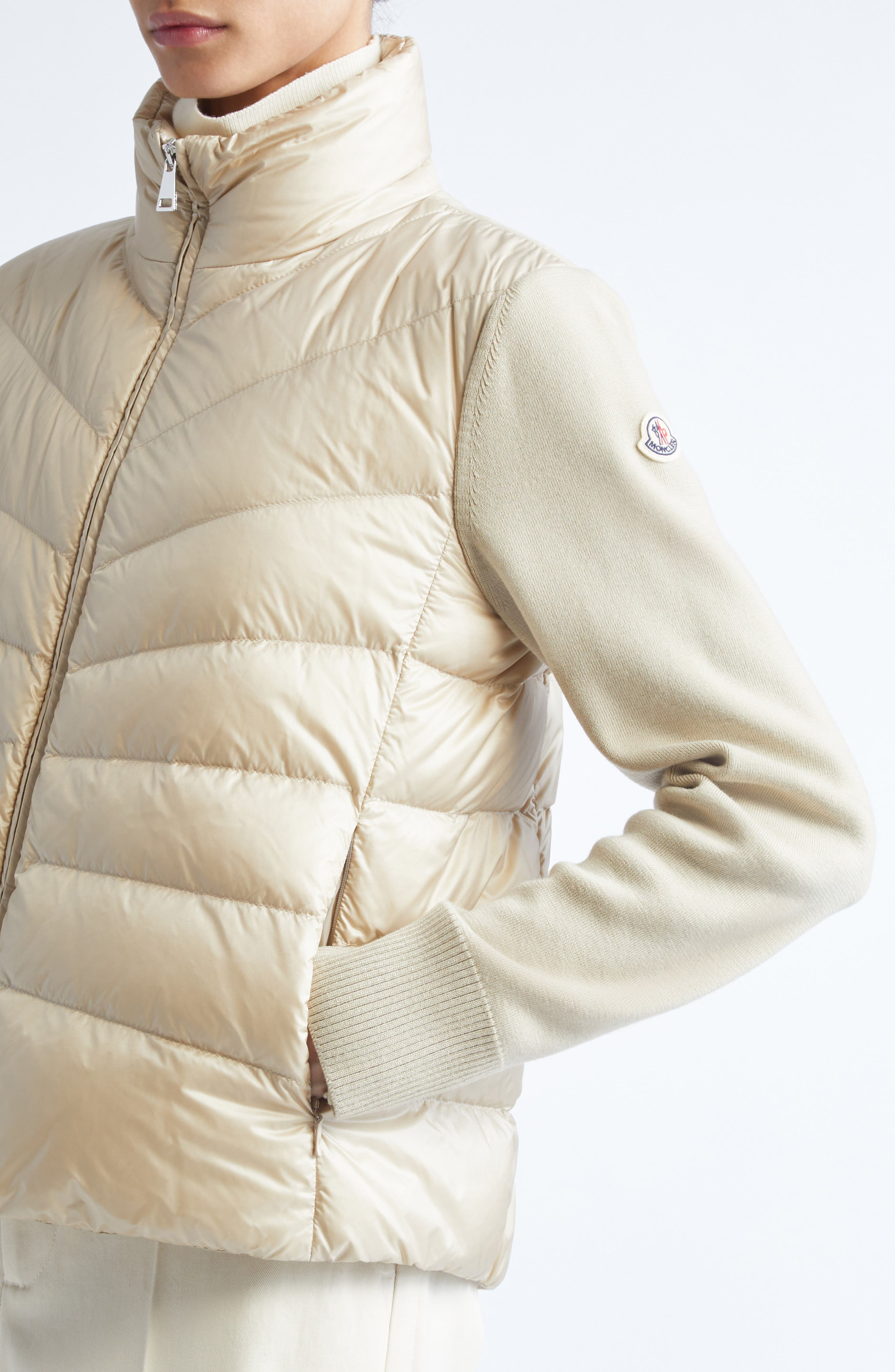 Moncler Wool Knit & Down Cardigan in Golden Sand at Nordstrom - 4