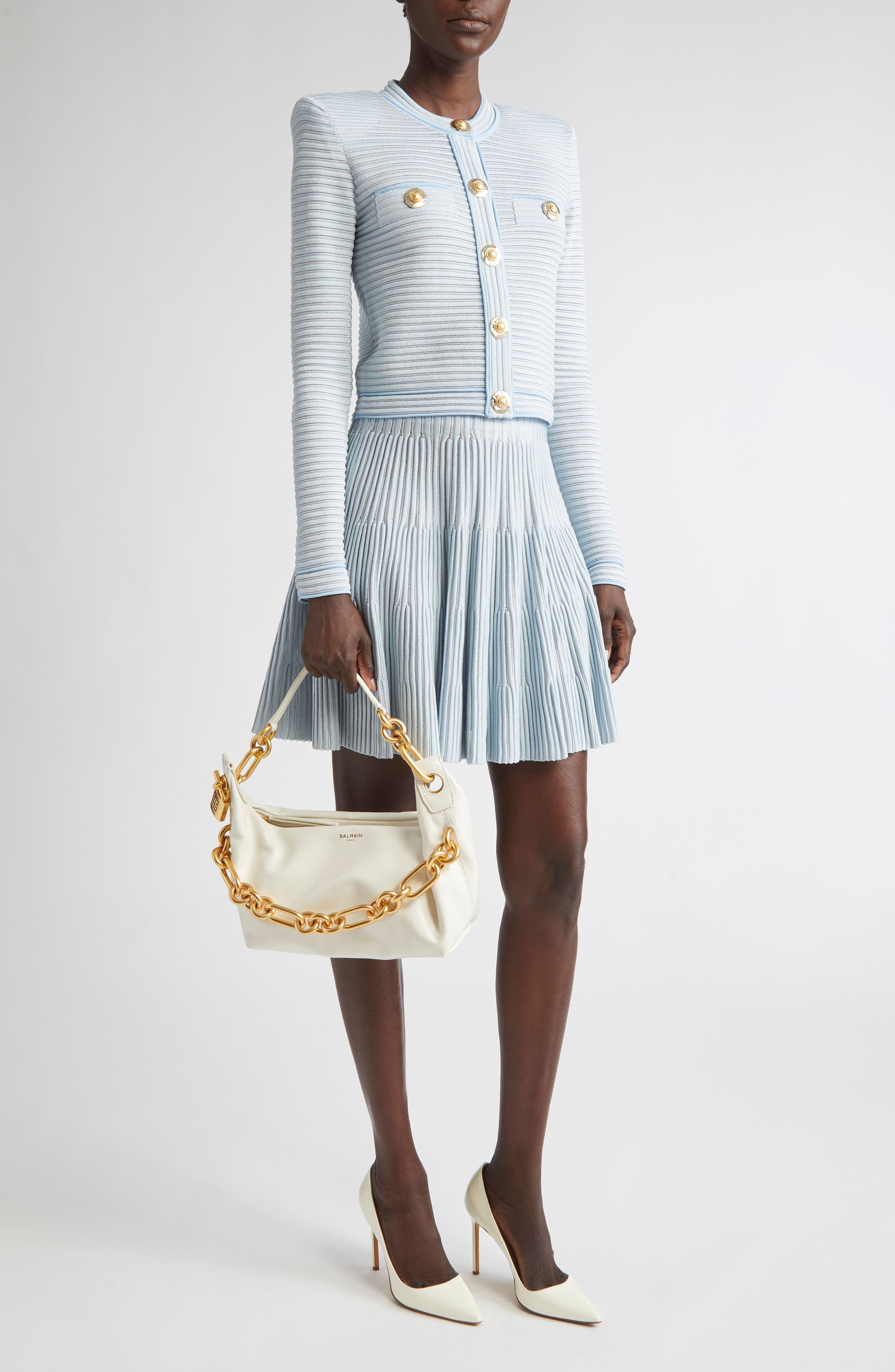 Balmain Long Sleeve Horizontal Rib Cardigan in Blue/White at Nordstrom - 2