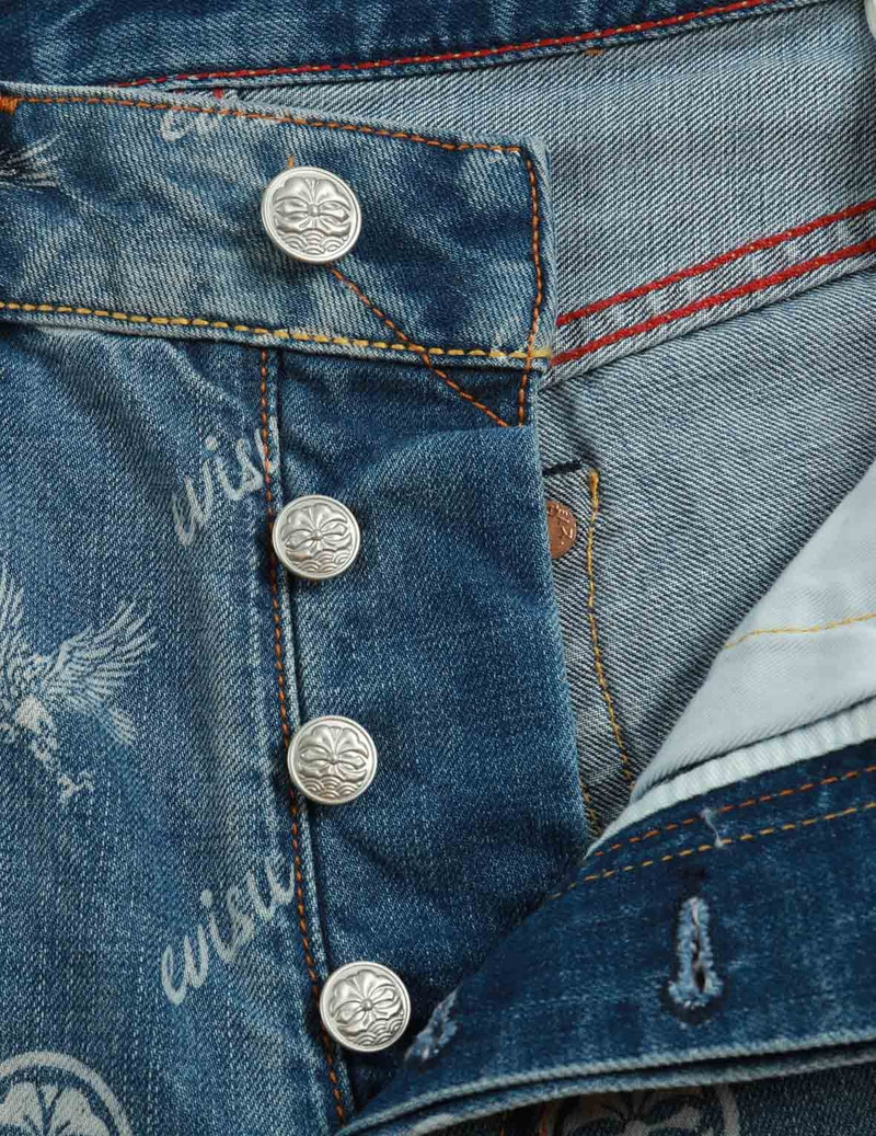 ALLOVER KAMON AND EAGLE PRINT DENIM SHORTS 9