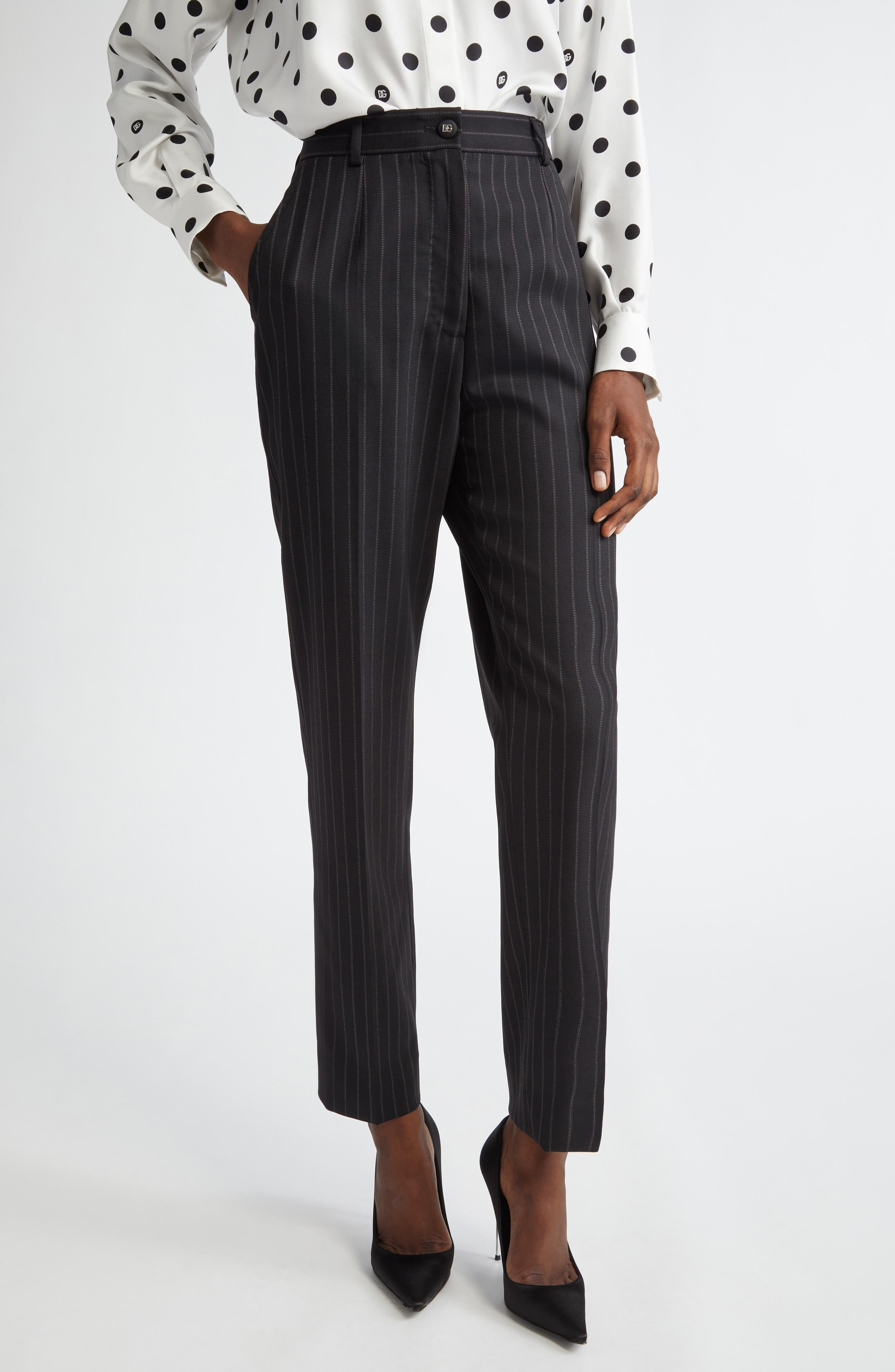 Dolce&Gabbana Pinstripe Tailored Wool Pants in N0000 Nero at Nordstrom - 1