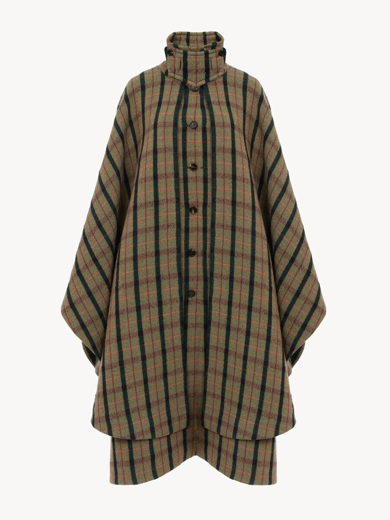 LAYERED LONG CAPE COAT IN BRUSHED CHECK WOOL 1