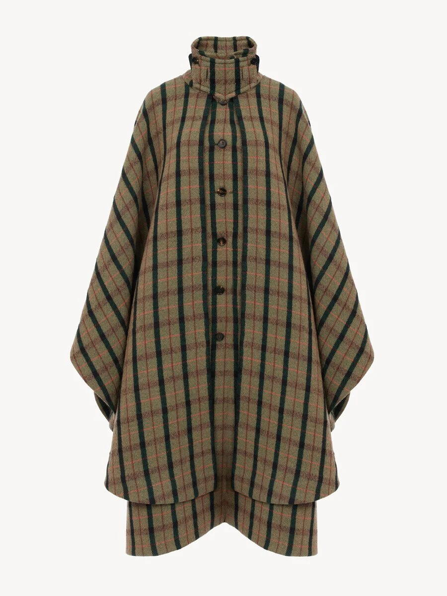 LAYERED LONG CAPE COAT IN BRUSHED CHECK WOOL - 1