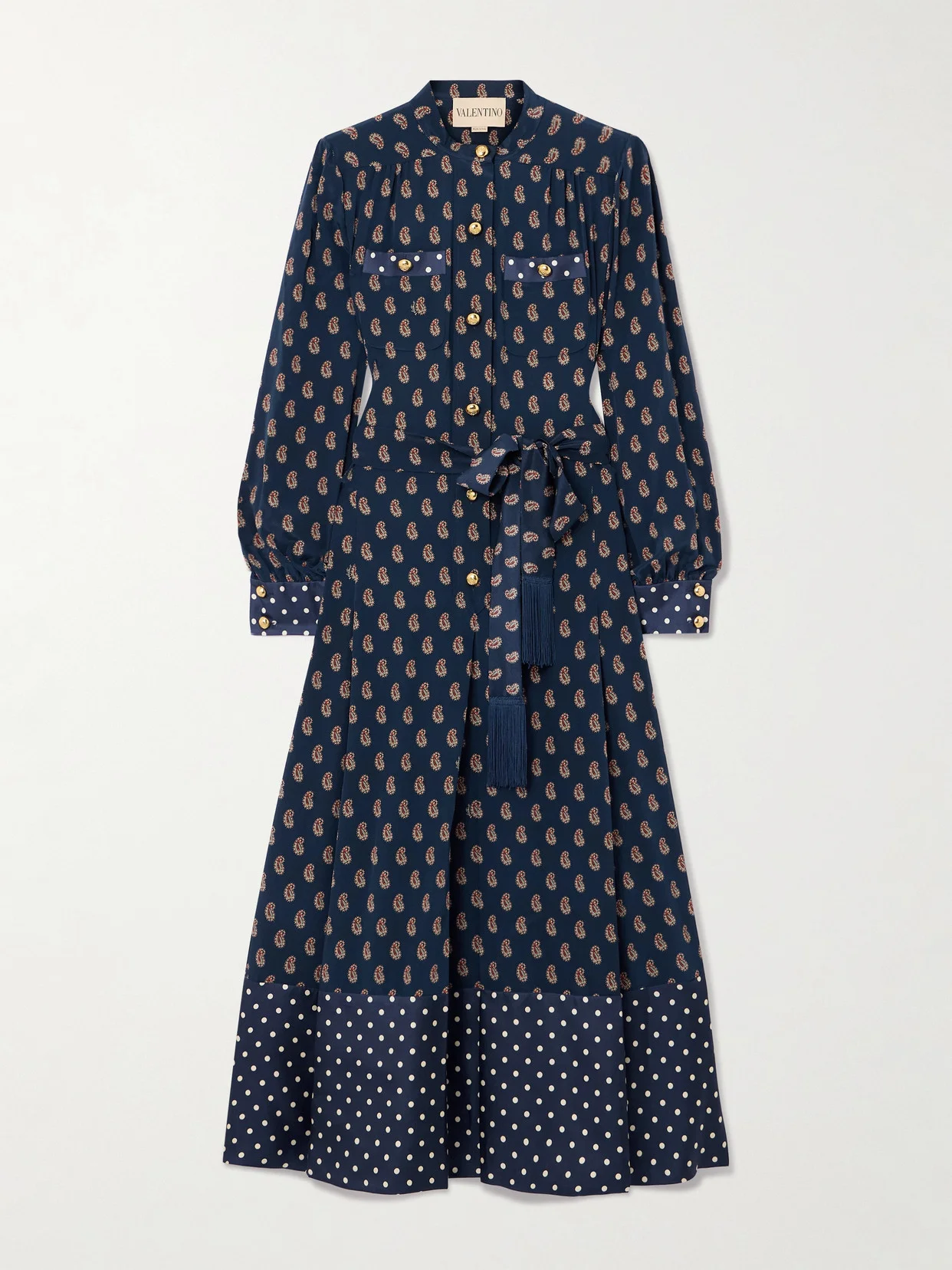 Fringed Belted Printed Silk-satin Midi Shirt Dress - 1