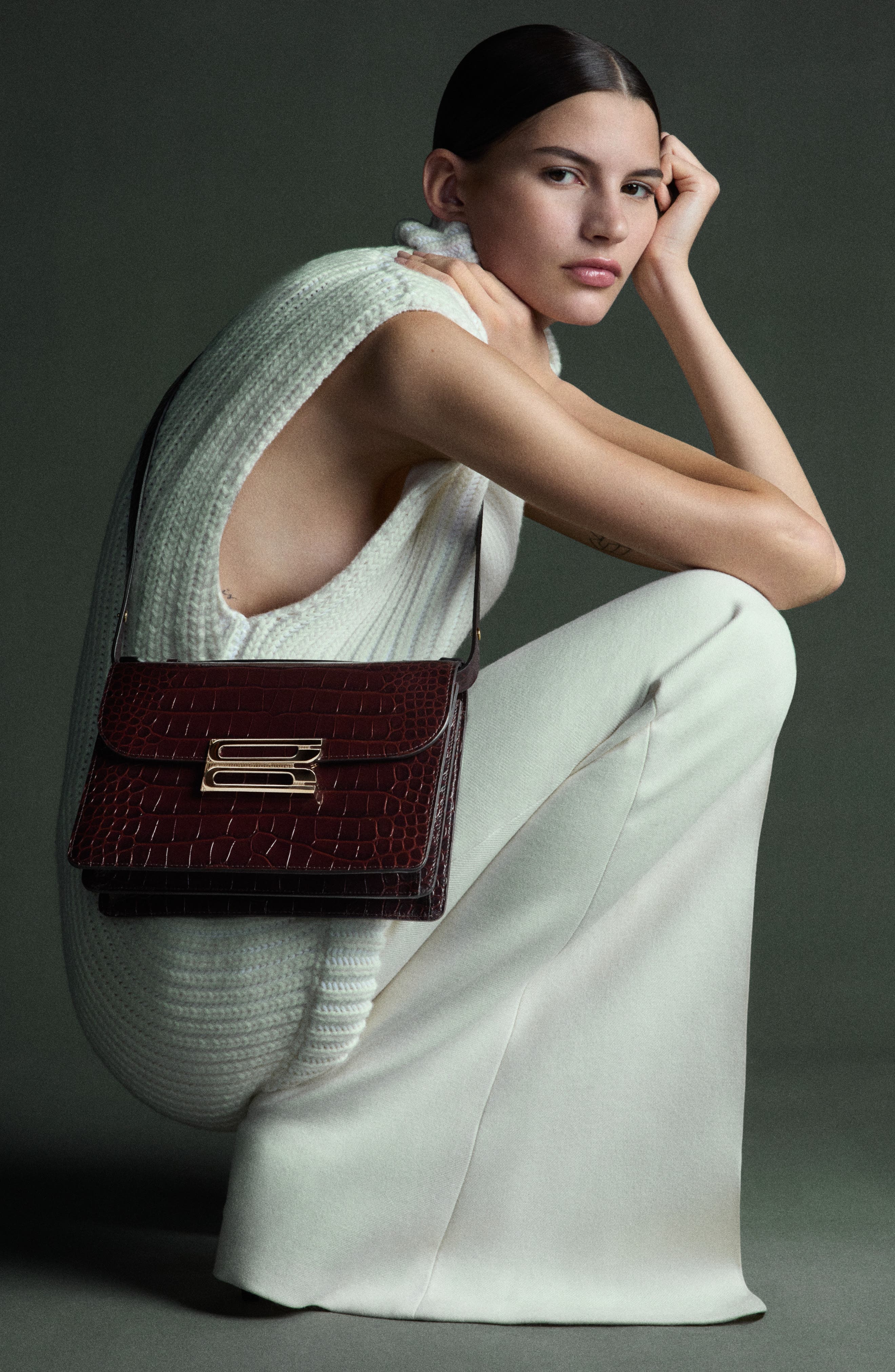 Victoria Beckham Dorian Croc Embossed Leather Shoulder Bag in Espresso 8946 at Nordstrom - 2