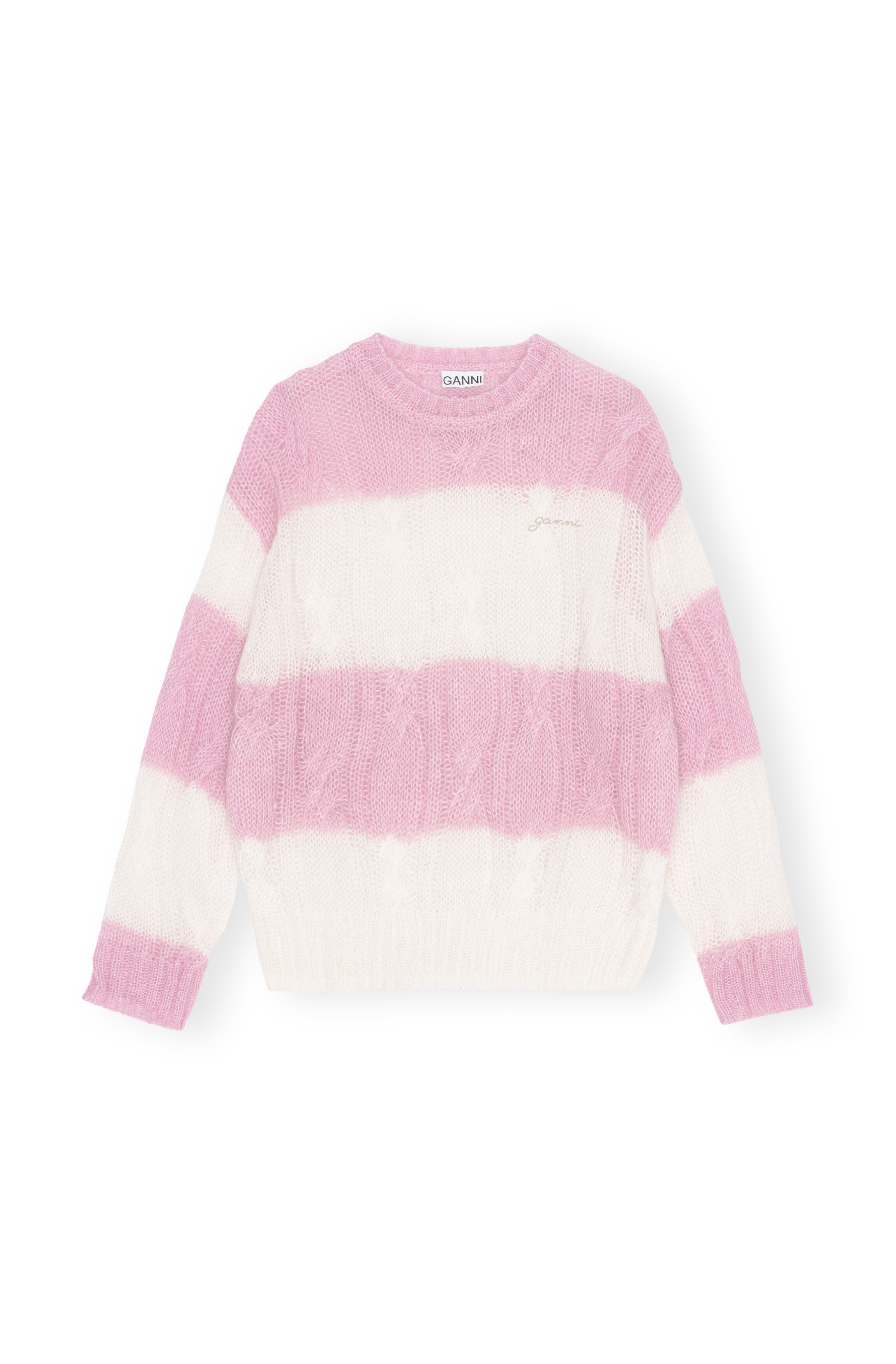 STRIPED MOHAIR CABLE O-NECK SWEATER - 1