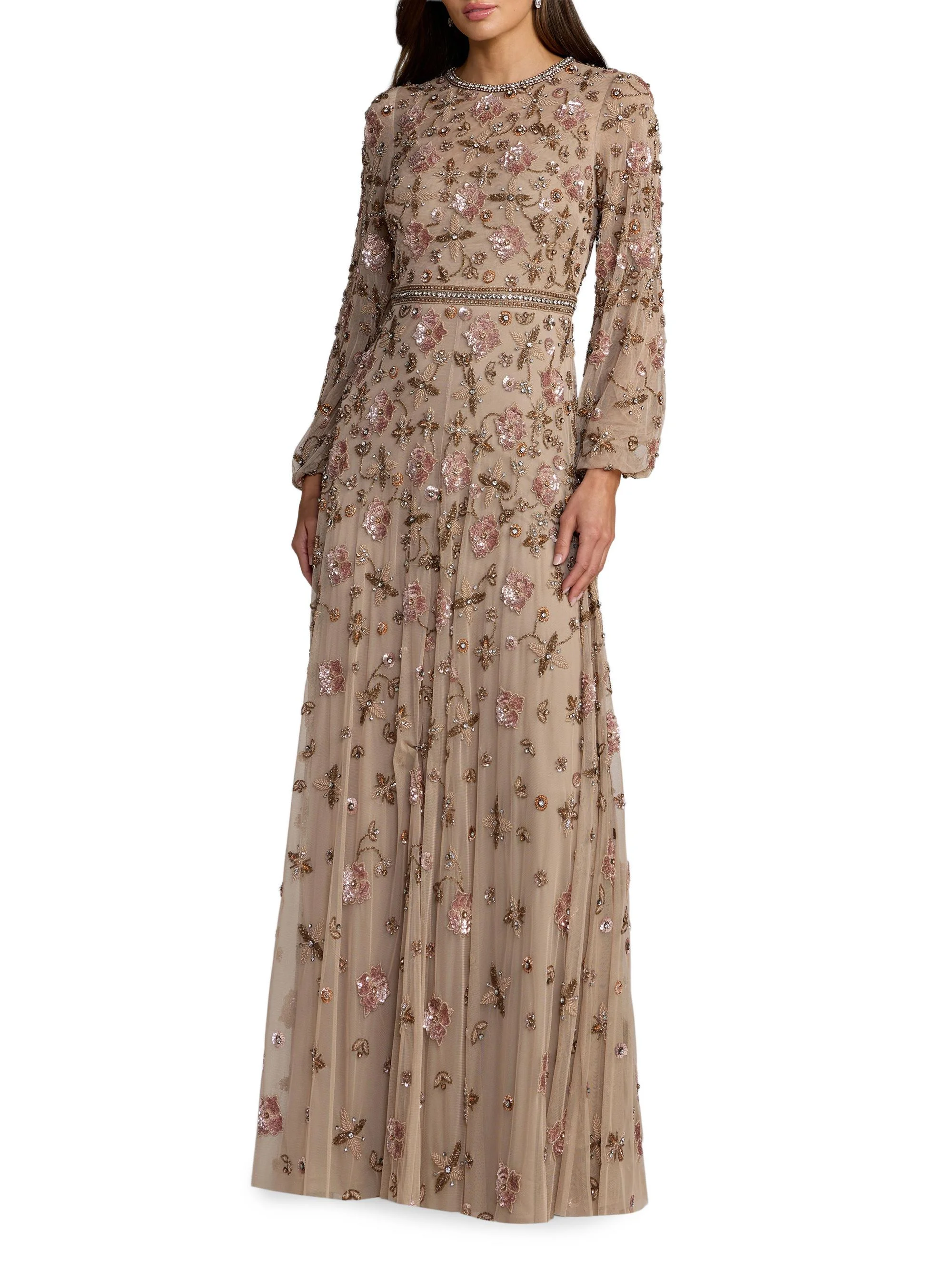 Women's Embellished Blouson Sleeve Tulle Gown - Taupe - 1
