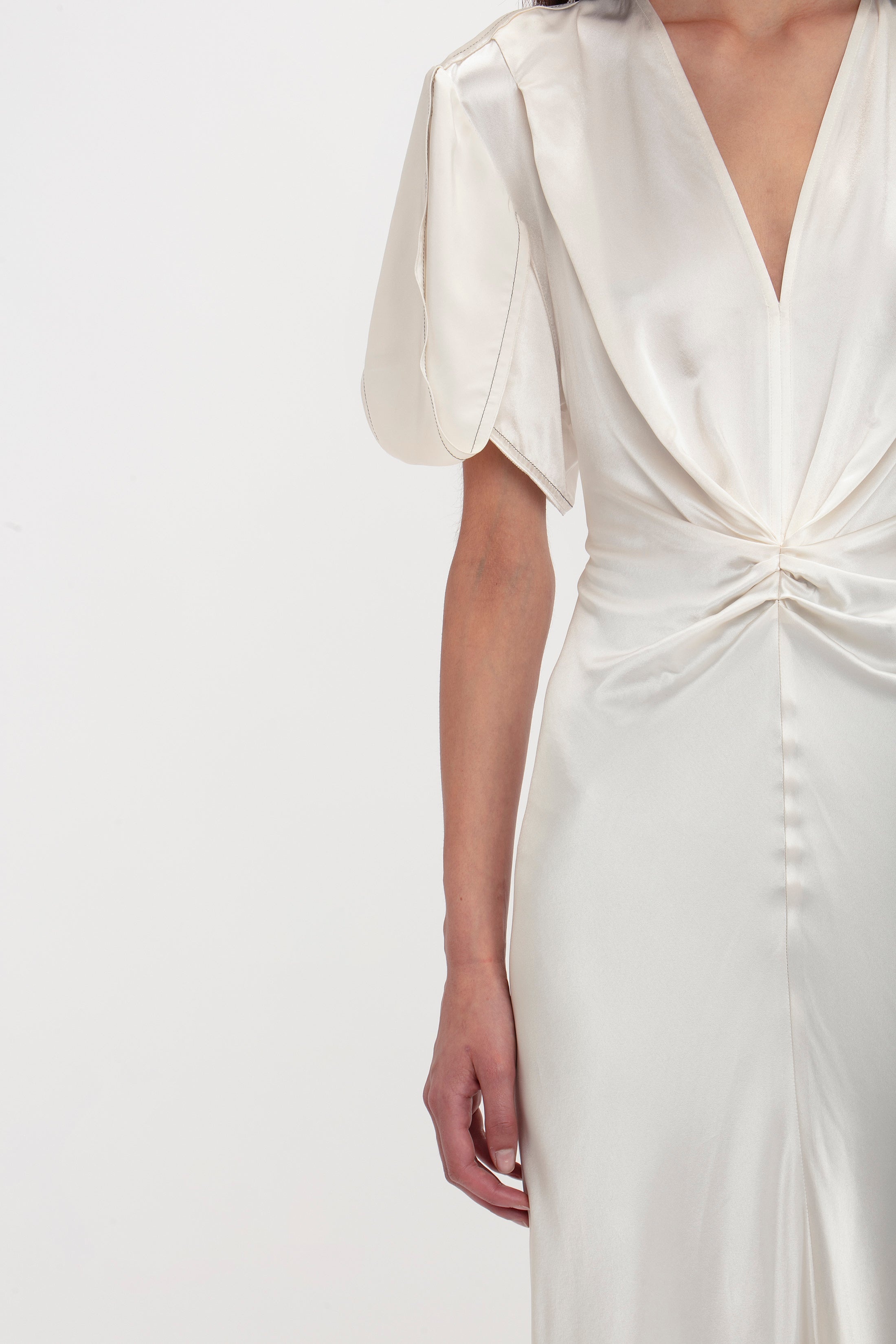 Gathered V-Neck Midi Dress In Ivory - 4