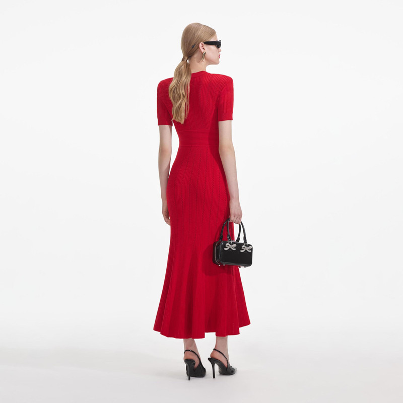 self-portrait Red Pointelle Knit Midi Dress - AW24-977M-R | REVERSIBLE