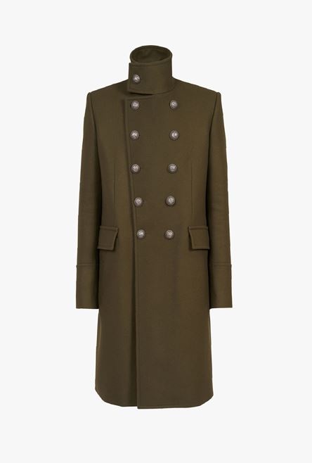 Long khaki wool military coat with double-breasted silver-tone buttoned fastening - 1