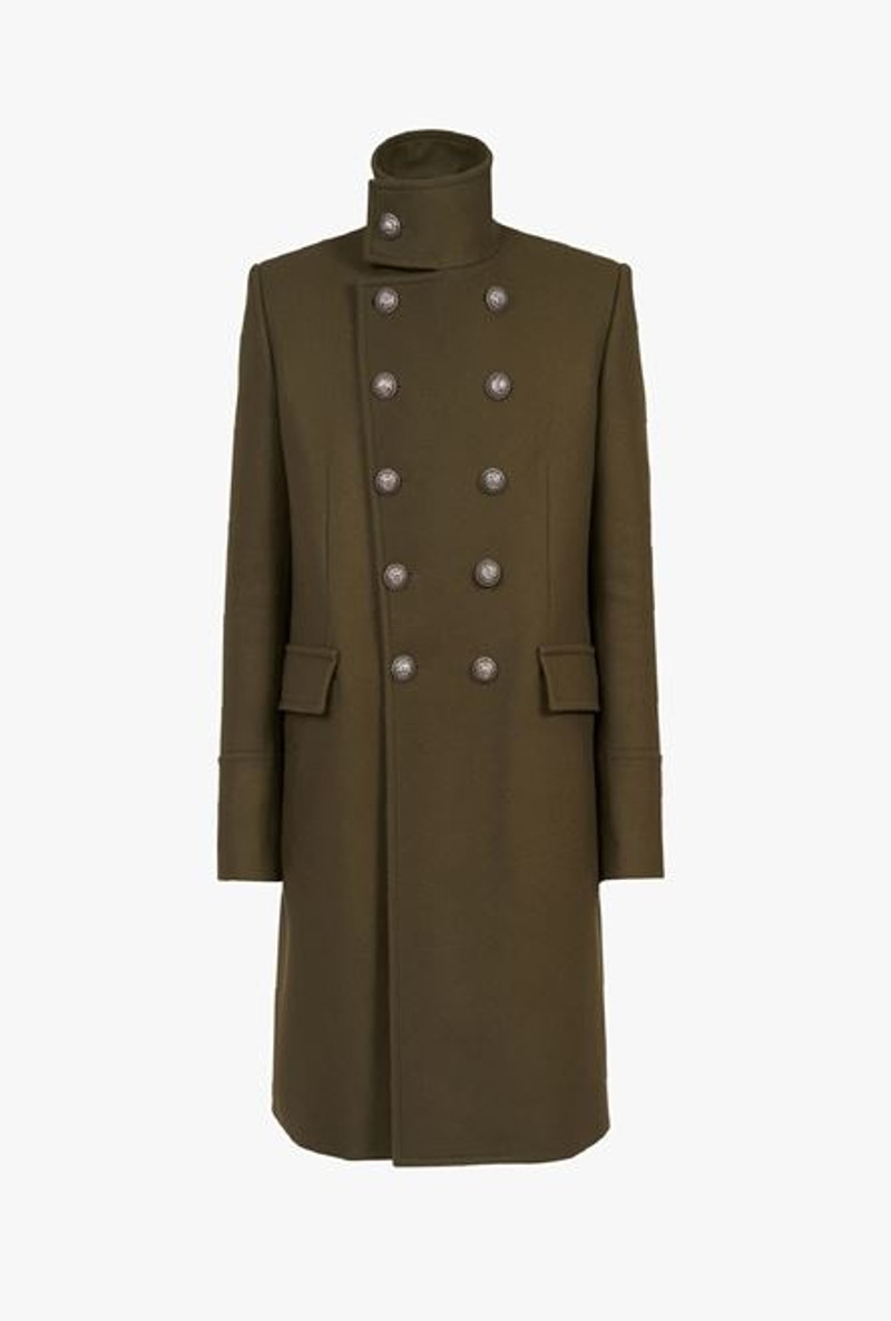 Long khaki wool military coat with double-breasted silver-tone buttoned fastening 1