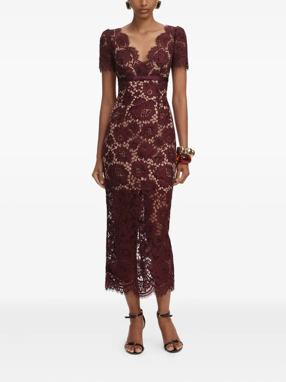 Burgundy Floral Lace Midi Dress - 2