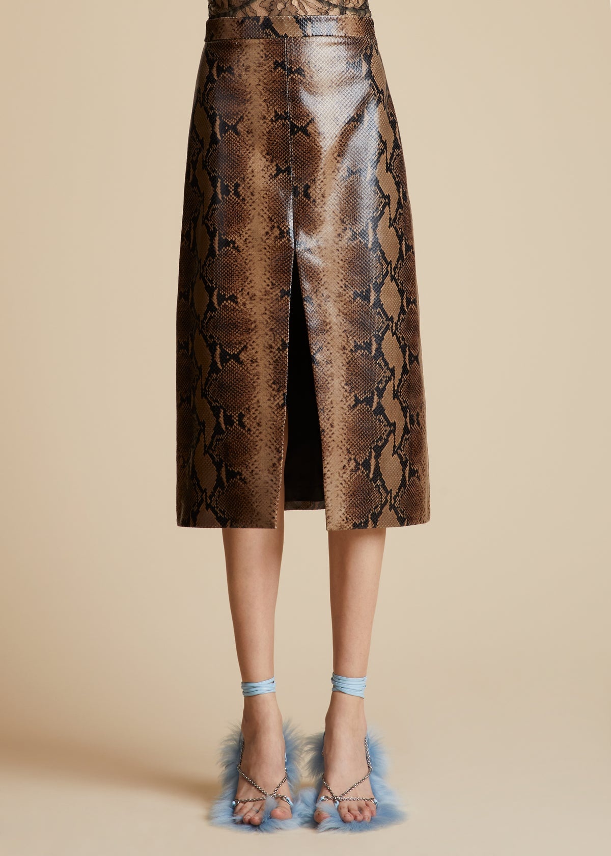 The Fraser Skirt in Brown Python-Embossed Leather - 2