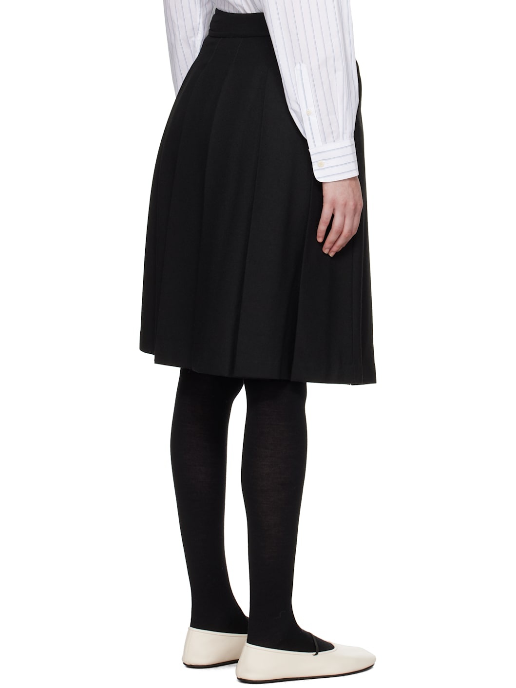 Black Ribboned Wide Pleats Midi Skirt - 3