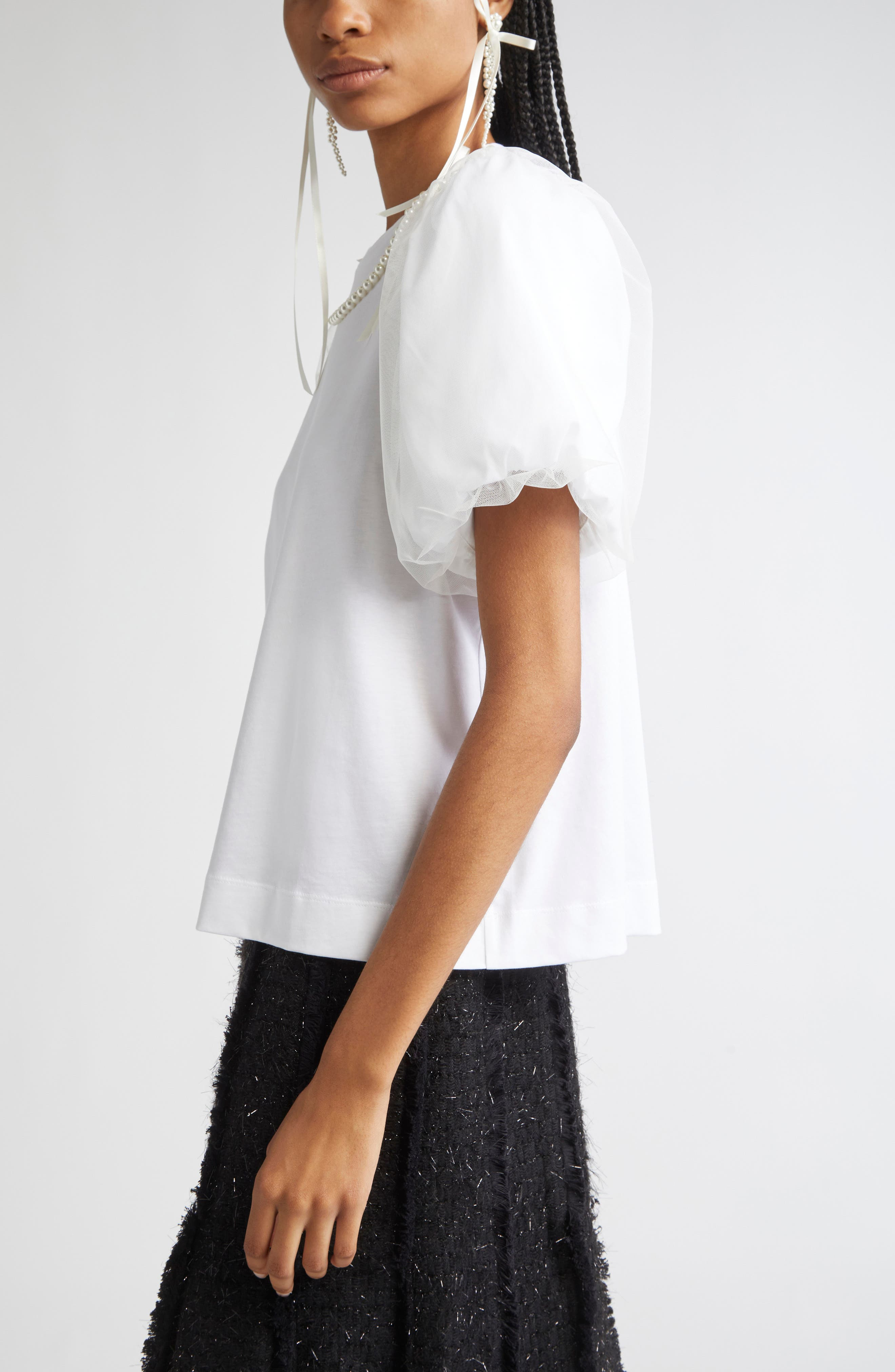 Simone Rocha Tulle Overlay Puff Sleeve T-Shirt with Faux Pearl Trim in White/Pearl at Nordstrom - 4