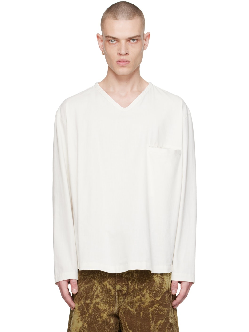 Off-White V-Neck Long Sleeve T-Shirt - 1