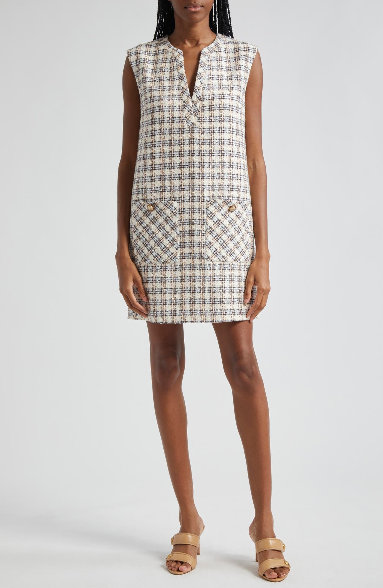 Veronica Beard Nomi Sleeveless Tweed Shift Minidress in Ivory/Camel at Nordstrom - 1