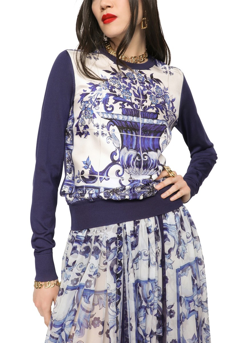 Majolica-print silk and twill sweater - 2