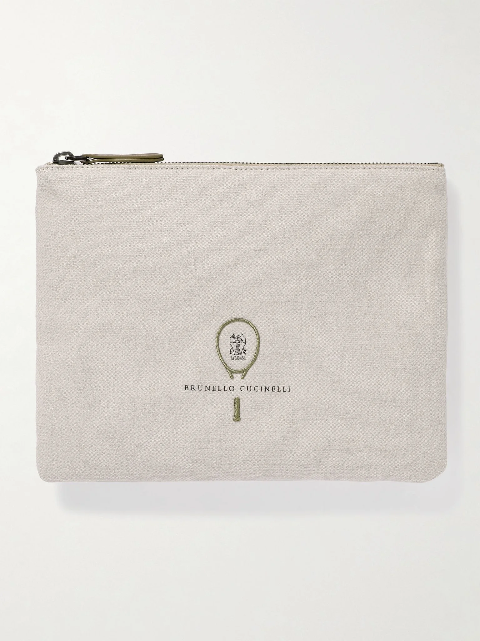 Embroidered leather-trimmed cotton and linen-blend tweed pouch Off-white - 1