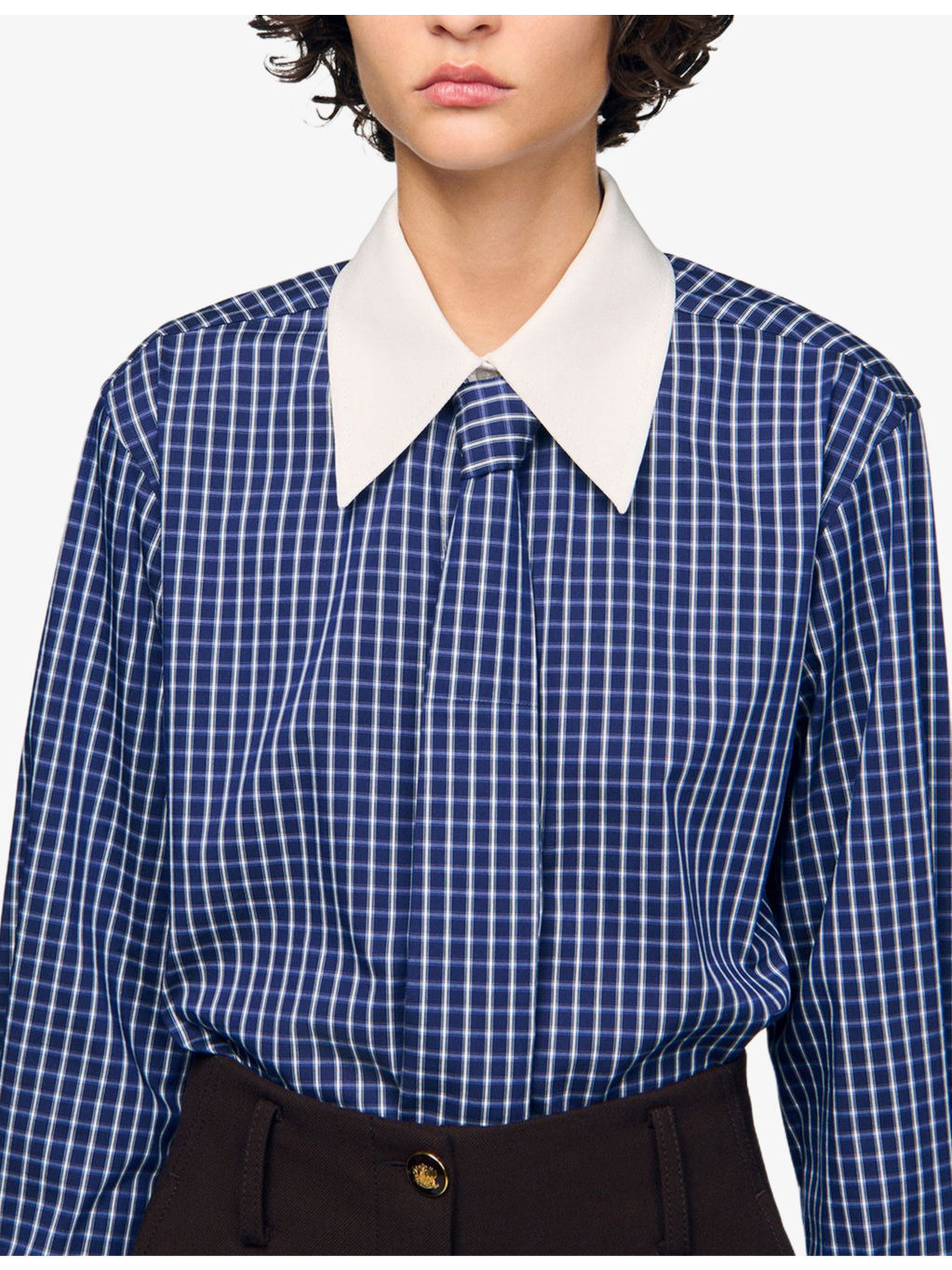 Tie-Neck Long-Sleeve Checked Stretch Cotton-Blend Shirt - 5