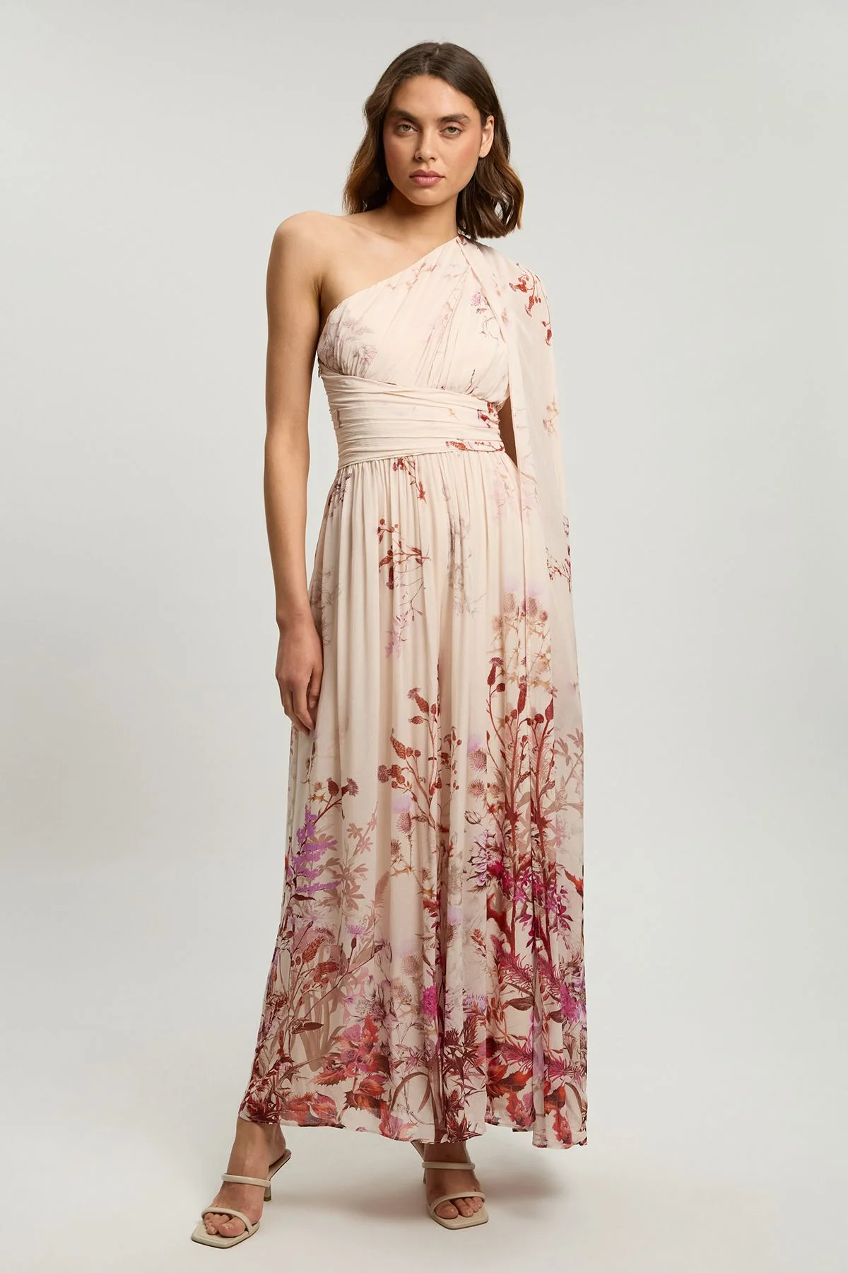 Petite Crinkle Georgette Floral Print One Shoulder Woven Maxi Dress - 1