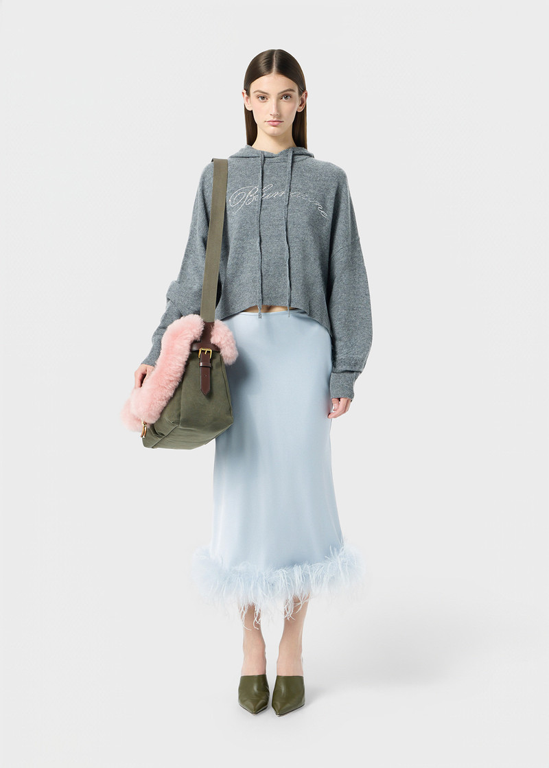 Blumarine WOOL HOODED SWEATER WITH RHINESTONE LOGO outlook