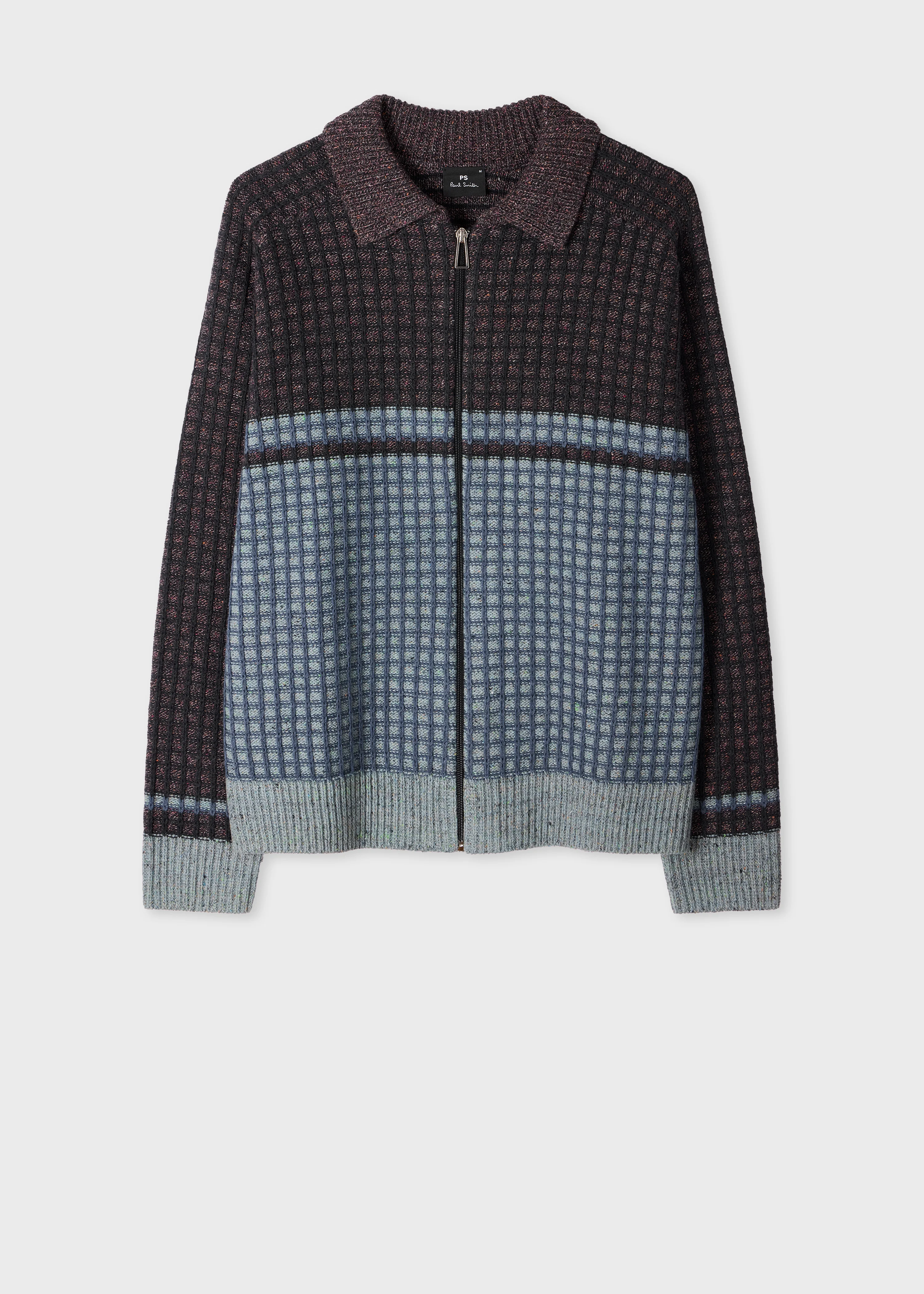 Grey and Blue Cotton-Blend Zip Cardigan - 1