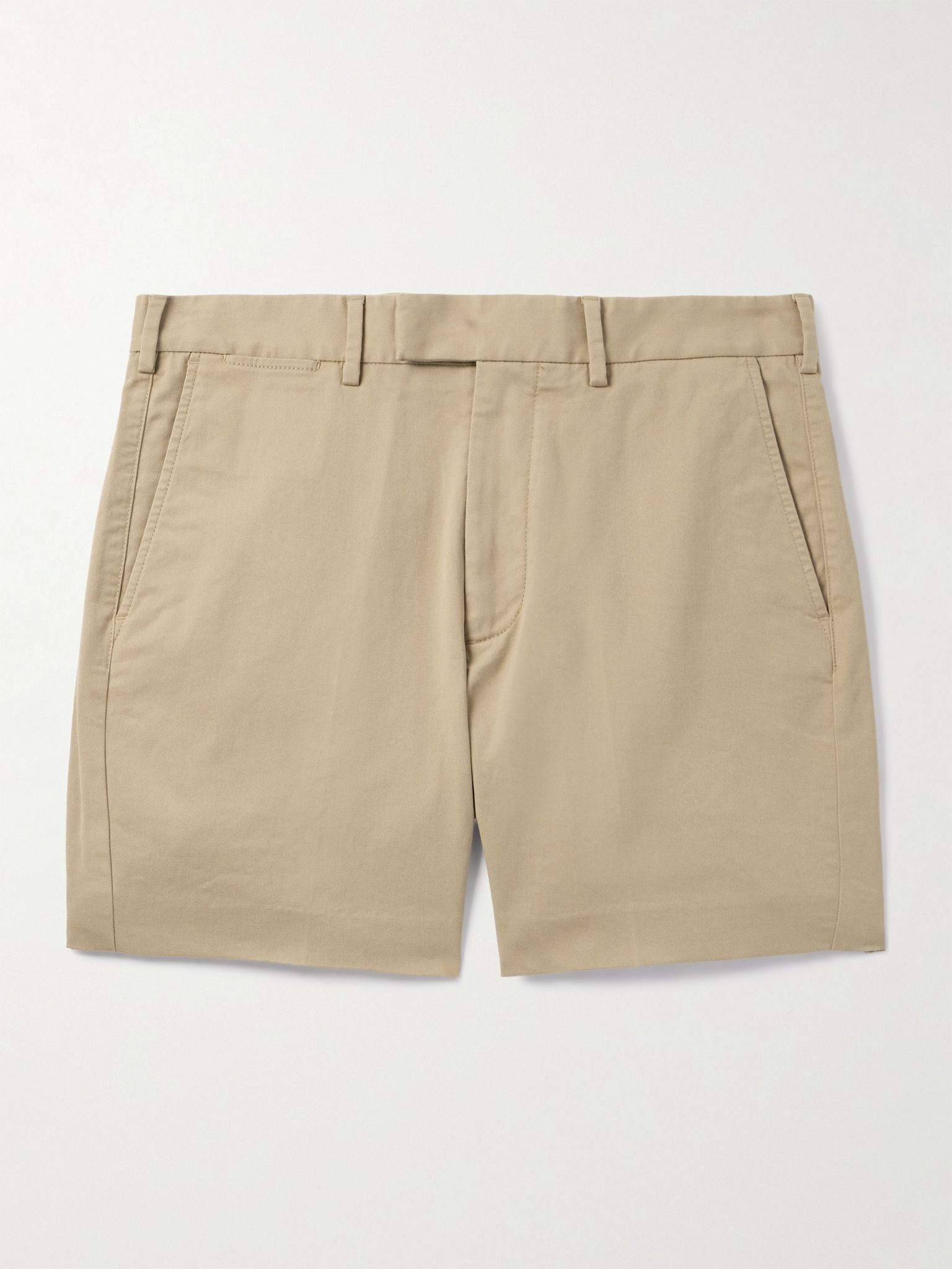 Straight-Leg Pleated Stretch-Cotton Twill Shorts Tan - 1