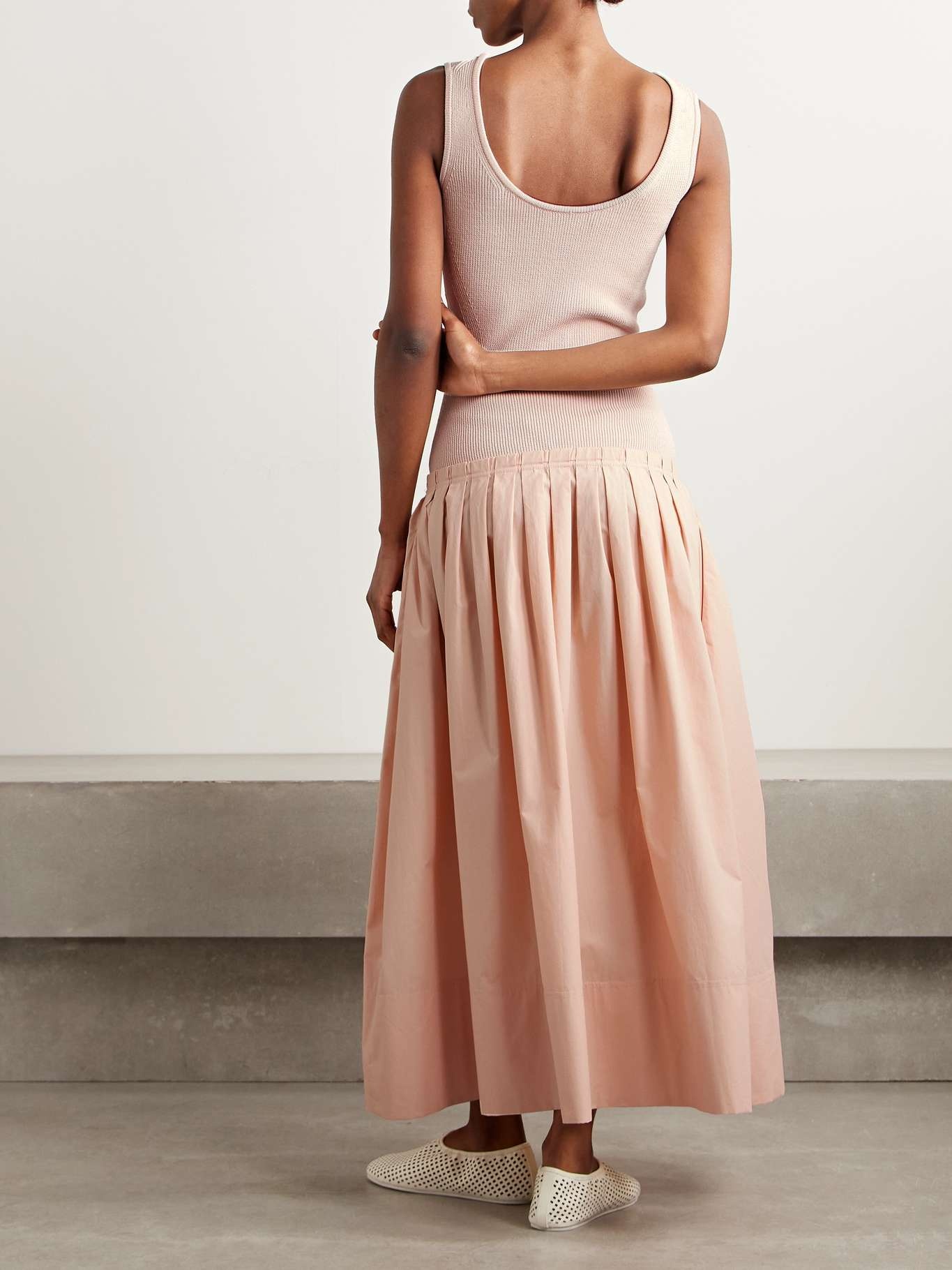 Gene pointelle-knit silk and cotton-blend and pleated cotton-poplin midi dress Blush - 3
