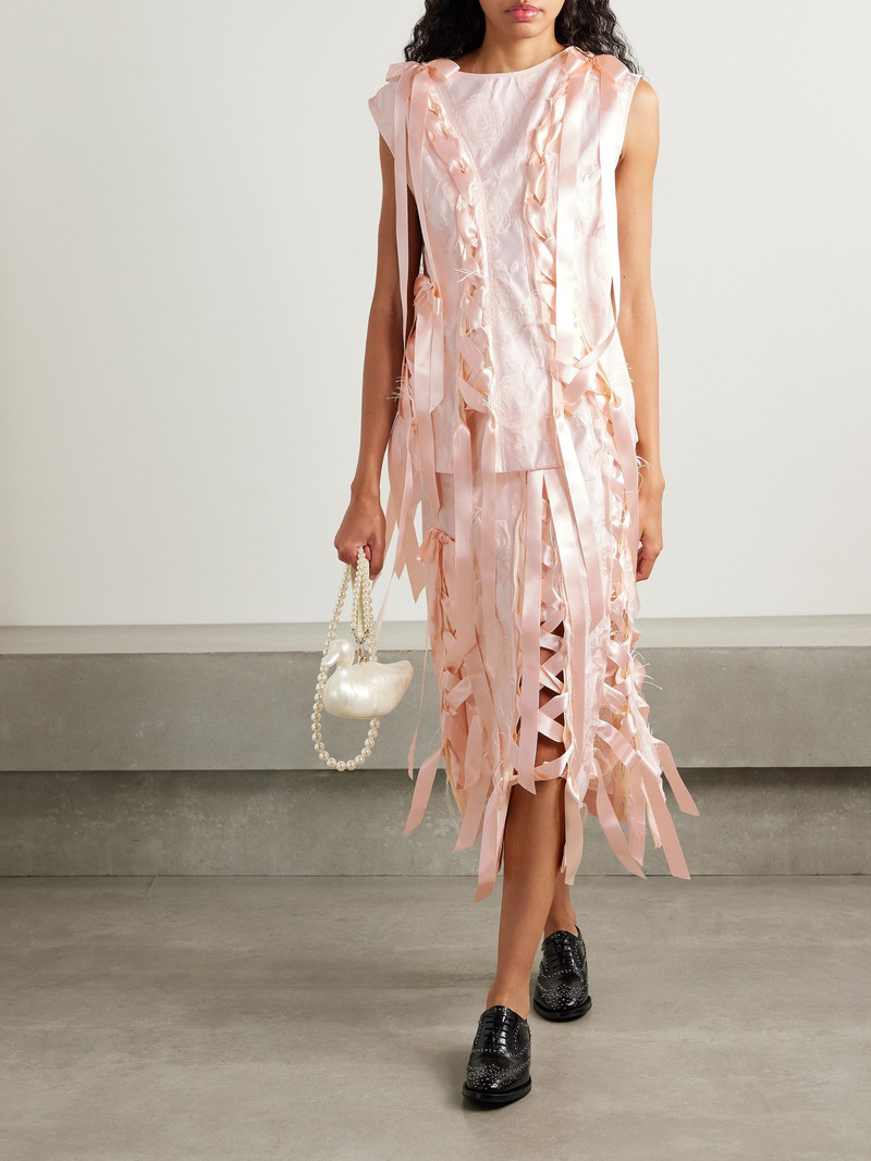 Simone Rocha Unraveling Ribbon lace-up frayed brocade midi skirt Blush outlook