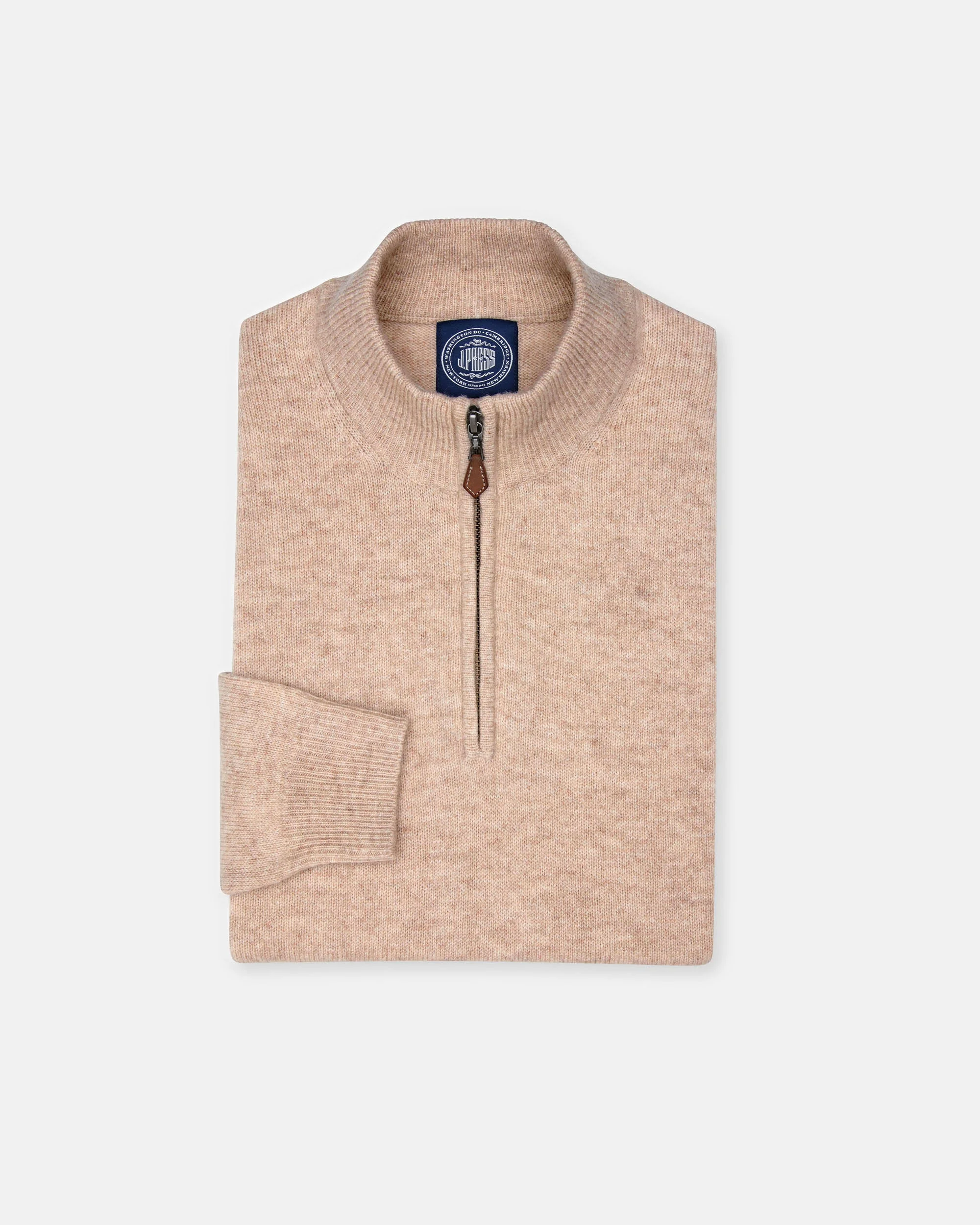 TAN LAMBSWOOL QUARTER ZIP-UP SWEATER - 1