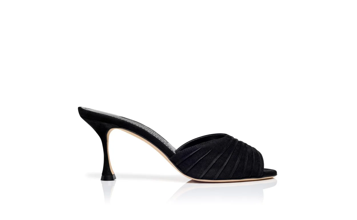 Black Suede Ruched Open Toe Mules - 1