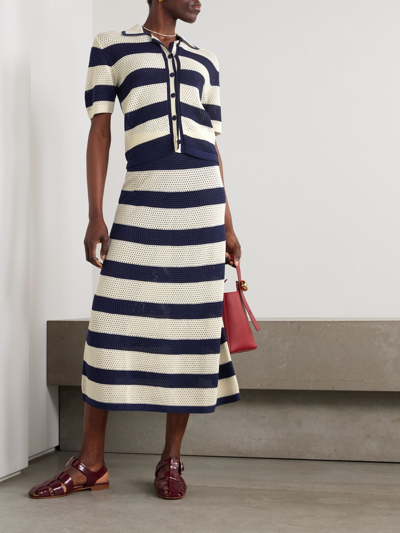Bayadere Bateau striped open-knit cotton-blend midi skirt Blue - 2